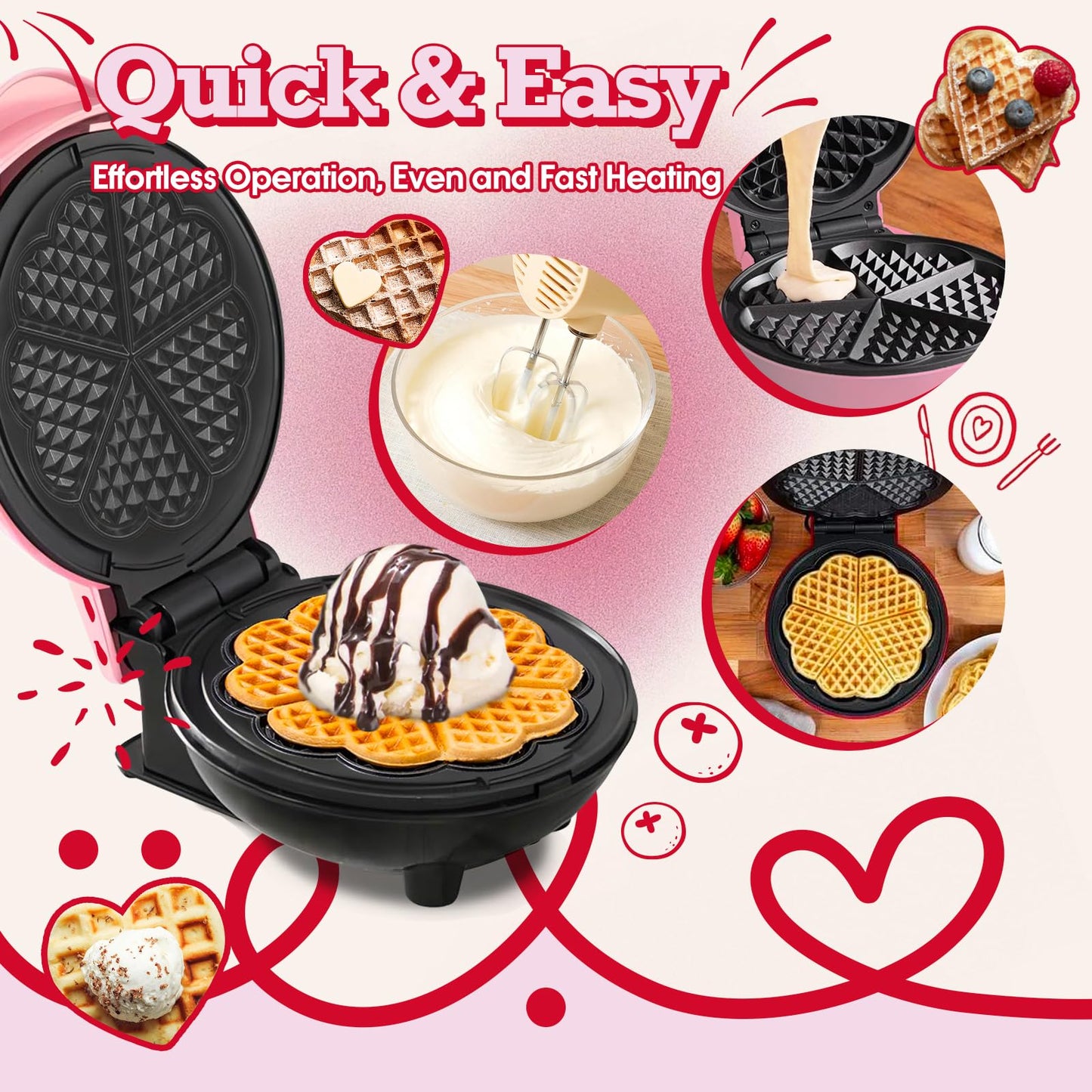 GVAKMM Waffle Maker(Heart),Small Waffle Maker Keto,Mini Wafflera Iron for Kids Family and Individuals,7'' Non Stick Cooking Plates with Fast & Even Heating