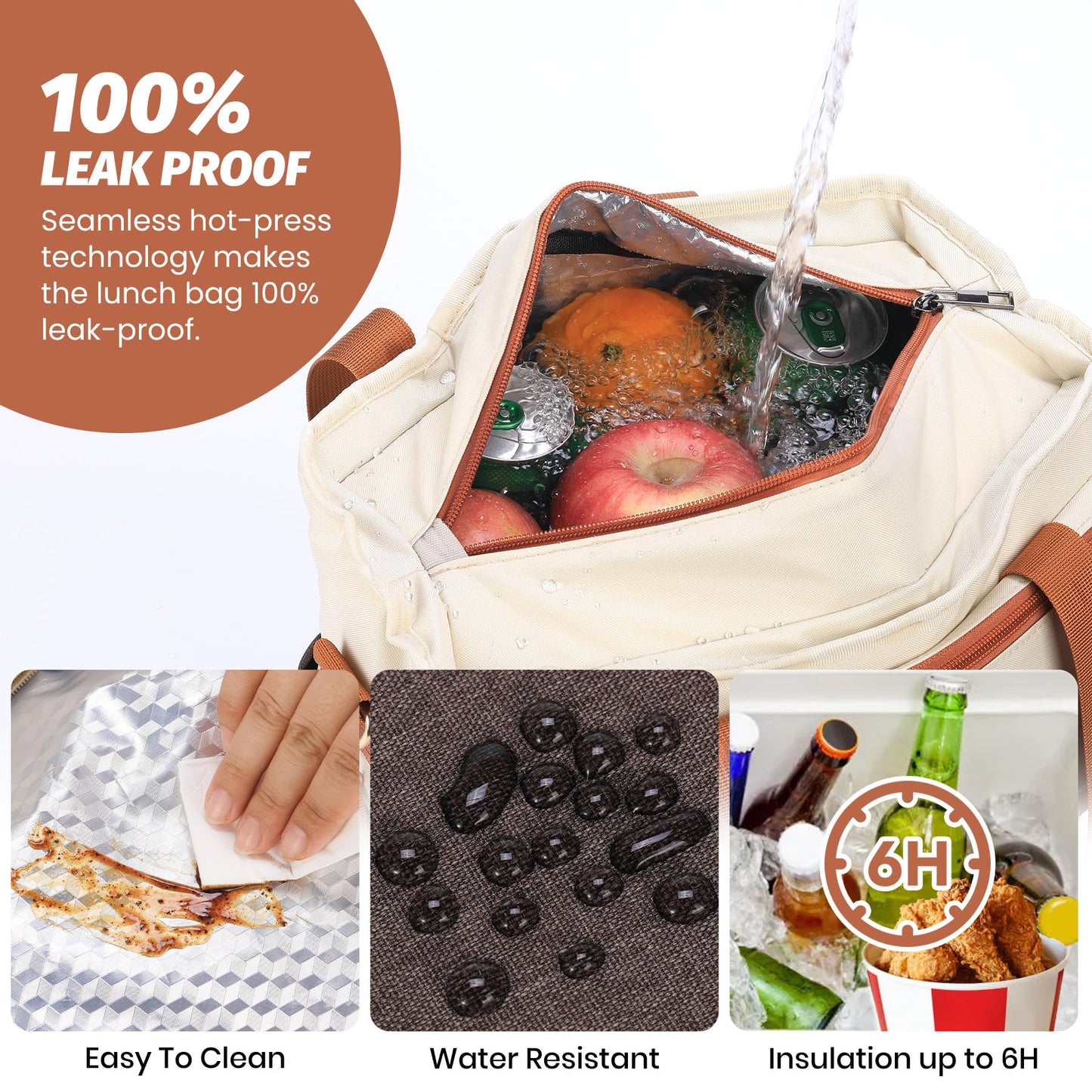 Codcey Lunch Box Reusable Lunch Bag Women, Leakproof Insulated Lunch Cooler Bag for Women, Large Lunch Tote Bags Adults(Brown,16.2L)