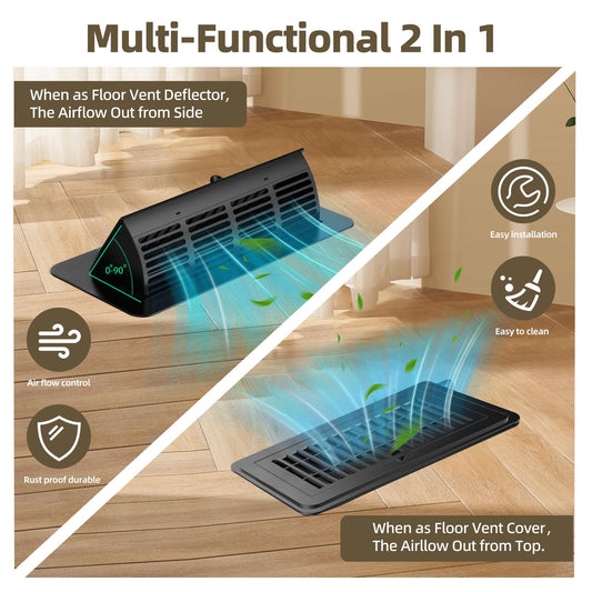 2-in-1 Vent Deflector & Floor Vent Cover, 2 Pack | Tool-Free Installation, Adjustable 4x10 Floor Register for Home, Office, Ceiling | Rustproof ABS Material, Energy-Saving Airflow Control (Black)