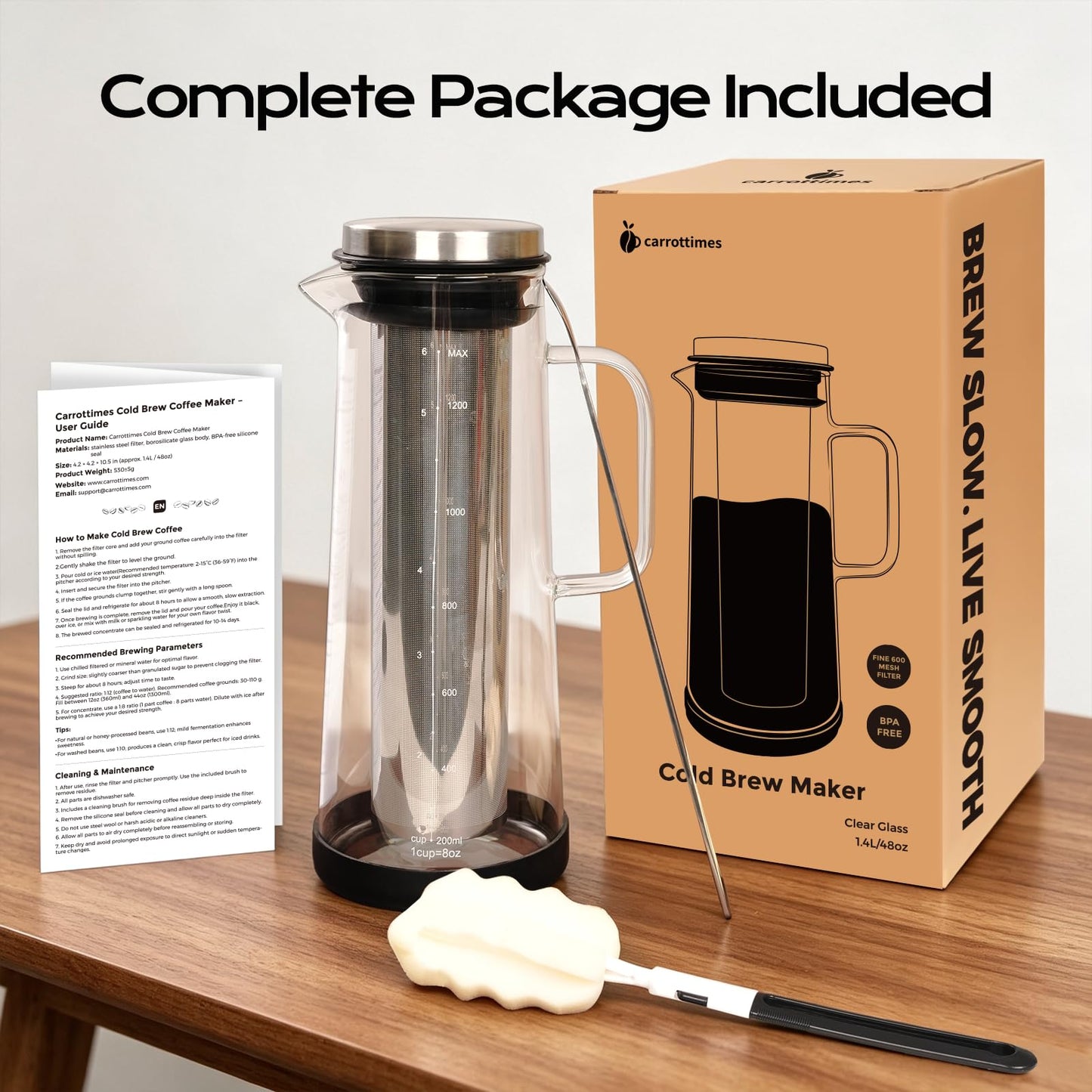 CARROTTIMES Cold Brew Coffee Maker 1.4L/48oz with Handle, Extended Stainless Steel Filter for Deep Extraction, Iced Tea Pitcher with Non-Slip Base Includes Cleaning Brush & Long Stirring Spoon