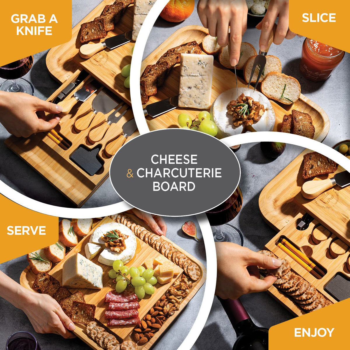 Charcuterie Boards - Large Bamboo Cheese Board Set with Knives, Serving Meat and Cheese Platter Tray for Housewarming Gifts New Home, Wedding, Bridal Shower, Birthday Gifts for Women, Hostess