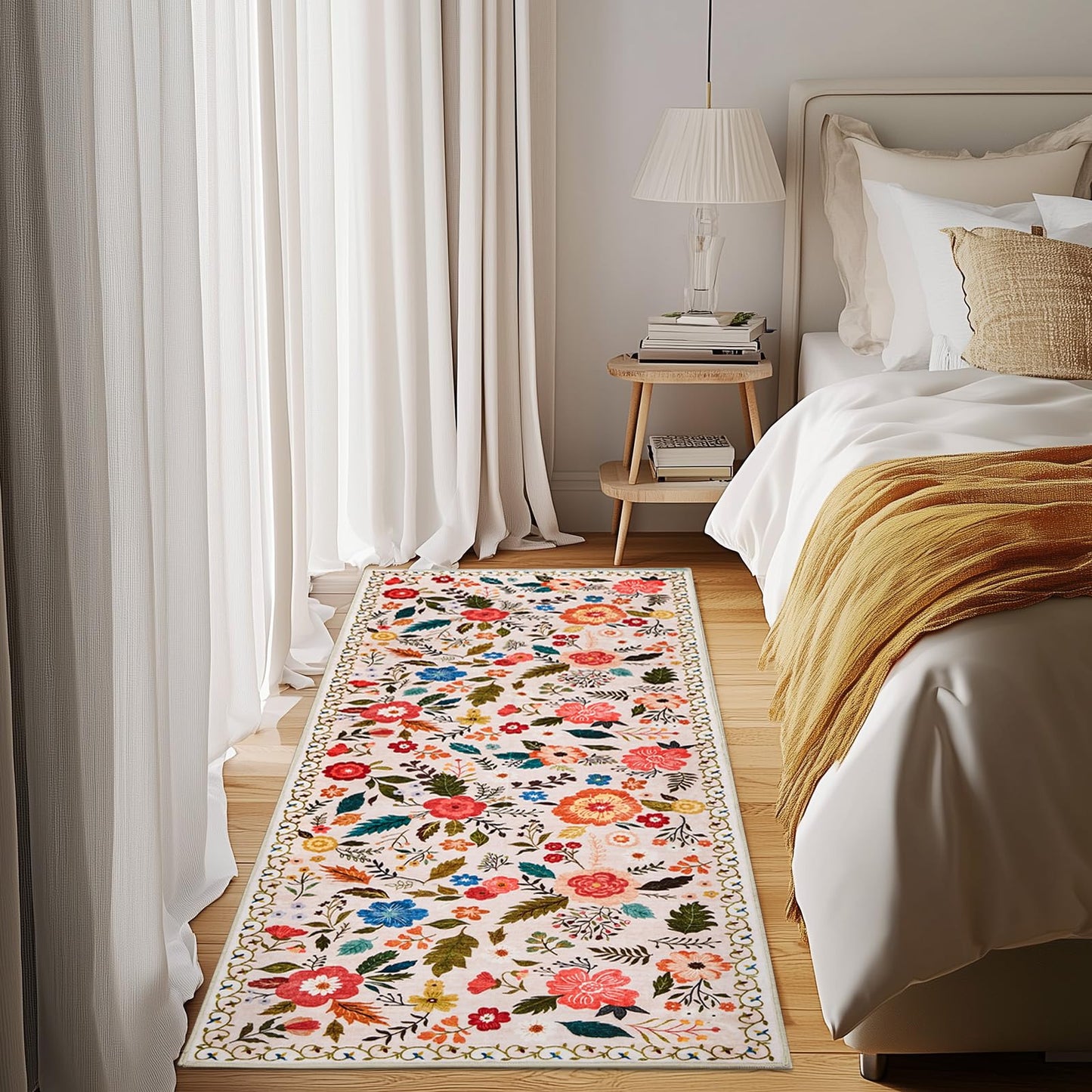 Runner Rugs for Hallway 2x6 Ft, Ultra Thin Non-Slip Long Floral Carpet Washable, Area Rug for Living Room Bedside Entryway Hall Bedroom Stain Resistant Boho Low-Pile Indoor(Beige with Pink)