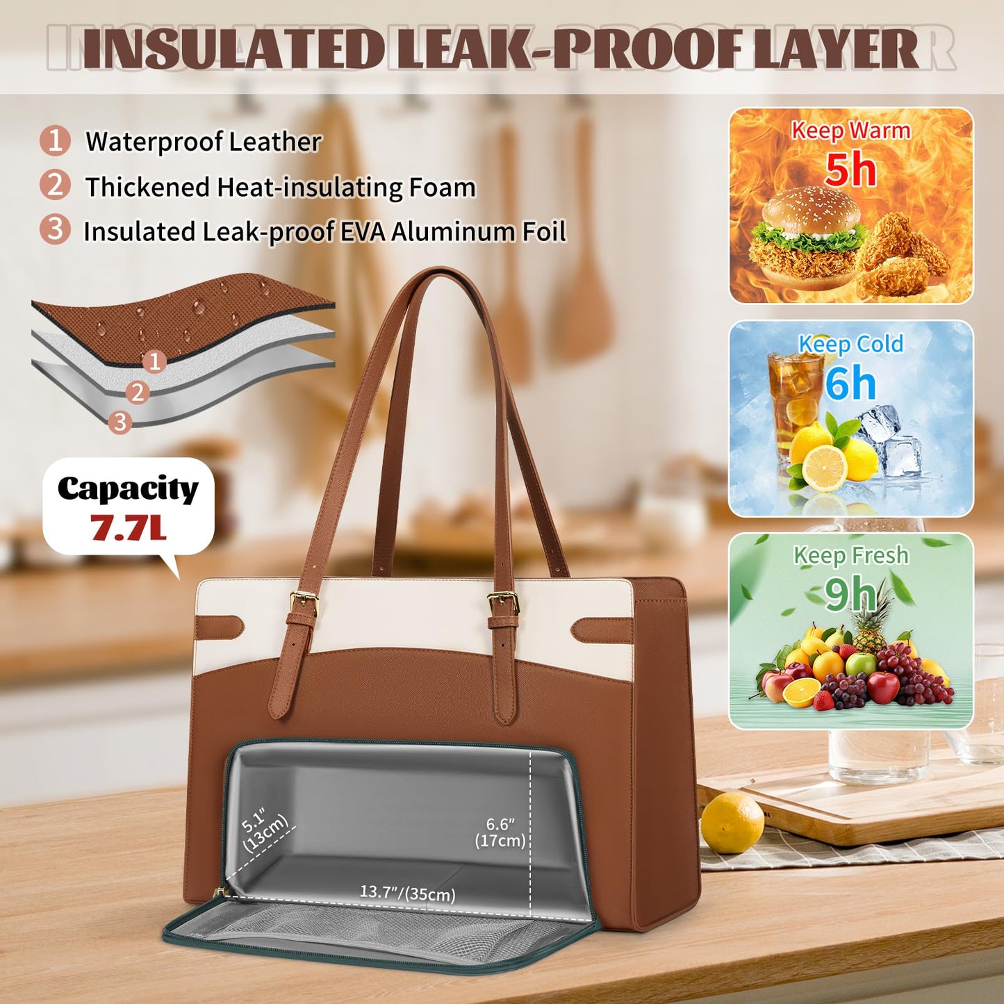 RAINSMORE Laptop Bags for Women with Lunch Compartment,Large Work Bag Women 15.6 inch Laptop Tote Bags for Women PU Leather Laptop Purse,Brown