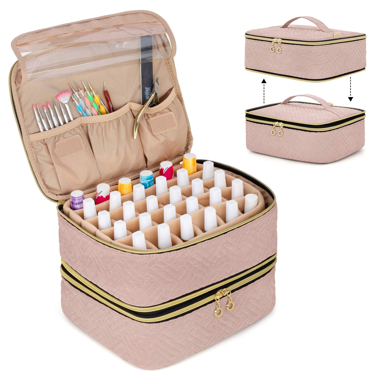 Luxja Detachable 2 Layers Nail Polish Organizer - Hold 60 Bottles (15ml - 0.5 fl.oz), Nail Polish Case with Tools Storage Pockets (Patented Design), Pale Rose