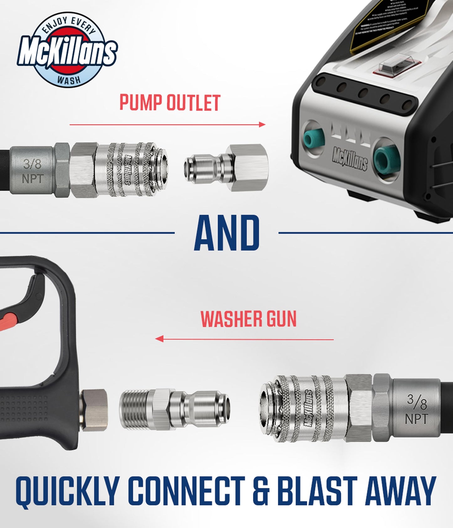 McKillans® 3/8" NPT Automatic Quick Connect Kit of 4 - Stainless Steel - 3/8" Pressure Washer Quick Connect Fittings - Power Washer NPT 3/8" - Push-to-Connect - Upgraded Viton O-Rings