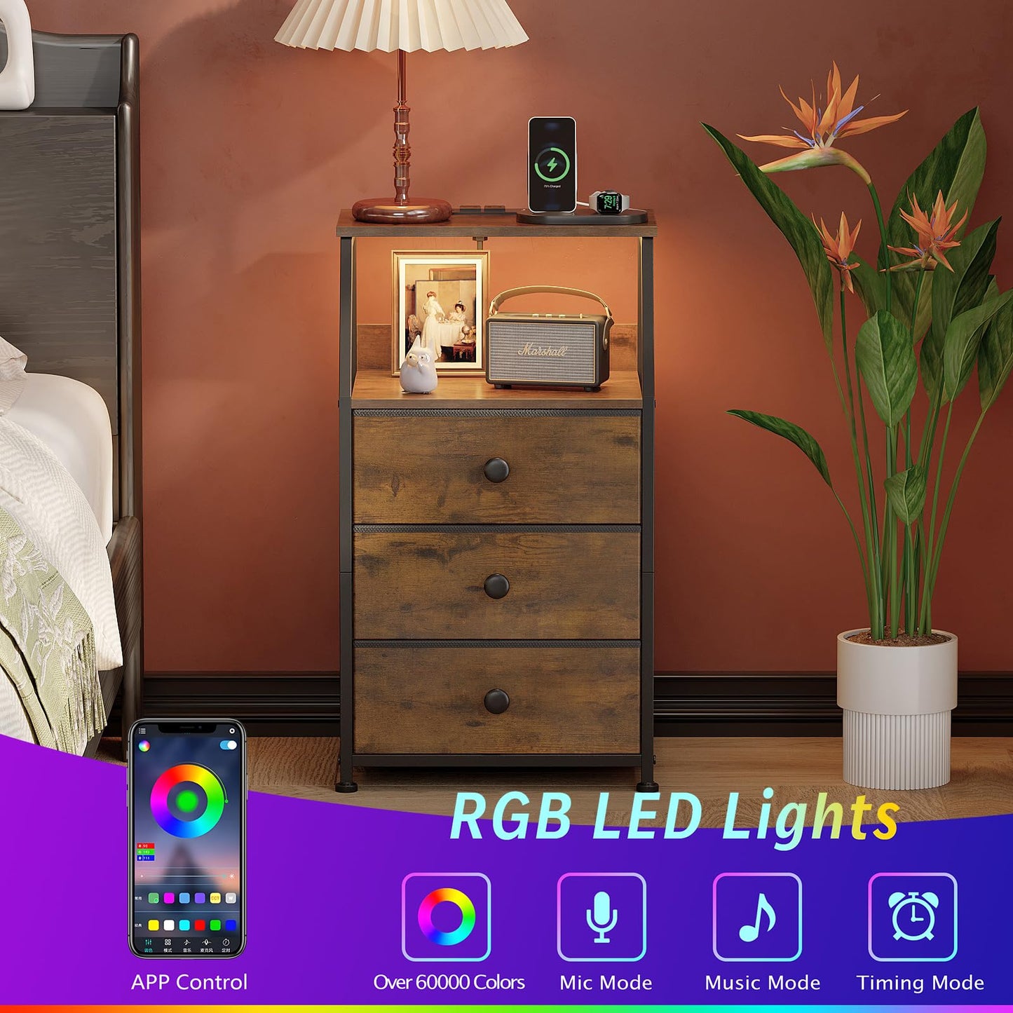 GiftGo Nightstand with Charging Station Led Light and 3 Fabric Drawers Bedside Sofa Side End Table for Bedroom Living Room (Rustic Brown, 3 Drawers)