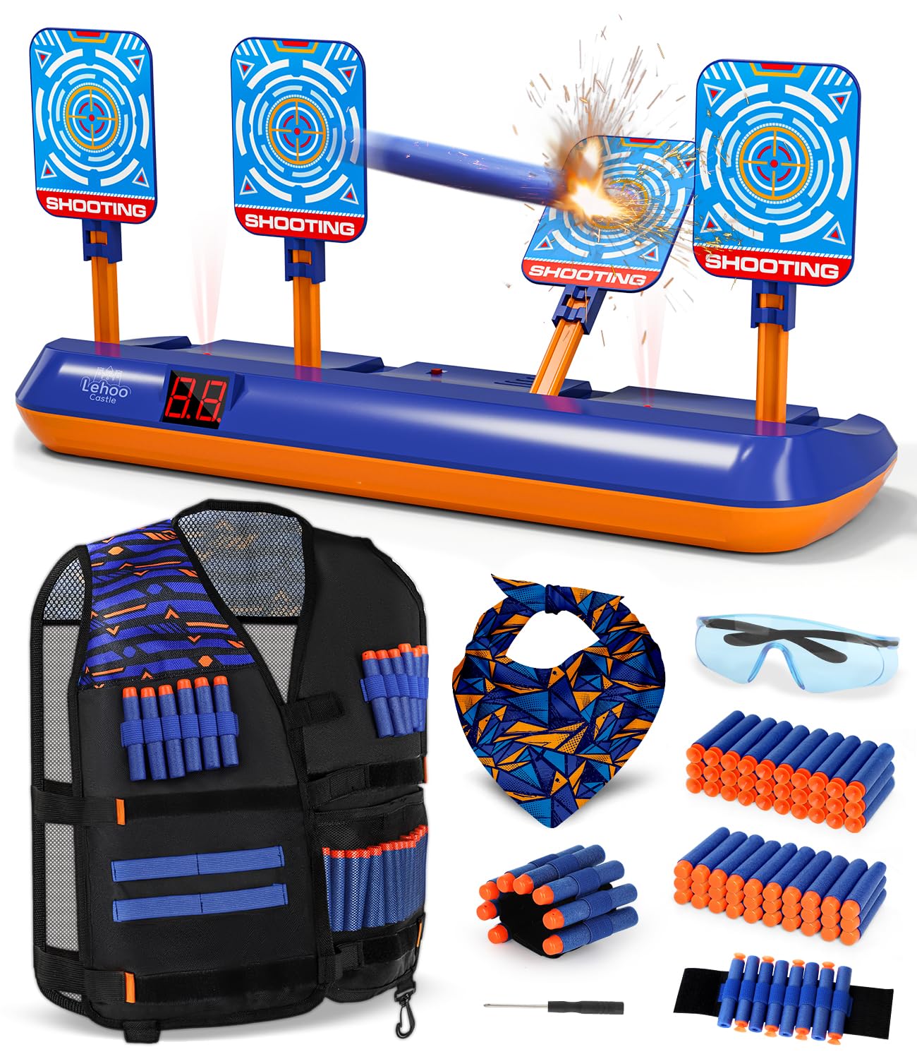 Nerf Target, Lehoo Castle Electronic Digital Target for Nerf Guns with Auto-Reset, Scoring Shooting Targets for Kids Include Kids Tactical Vest, 60 Bullets, Glasses, Gift Toy for Kids Boys Girls