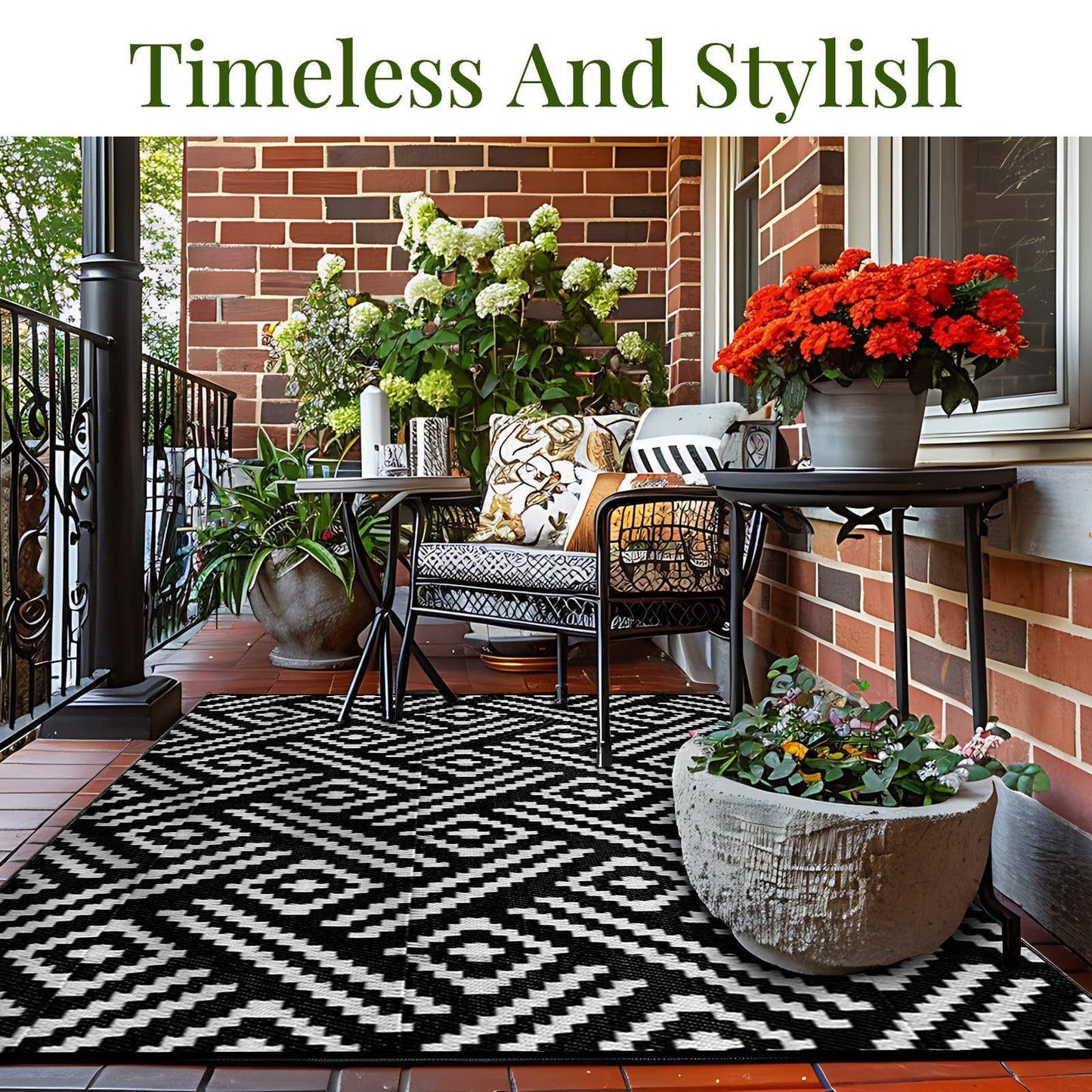 OPPODREAM Outdoor Rug 5x7 Ft, Waterproof Outdoor Plastic Straw Rug for Patio, Reversible Out Door Carpet for Camping, Deck, Rv, 5 x 7 Area Carpet Balcony, Porch, Backyard, Black and White
