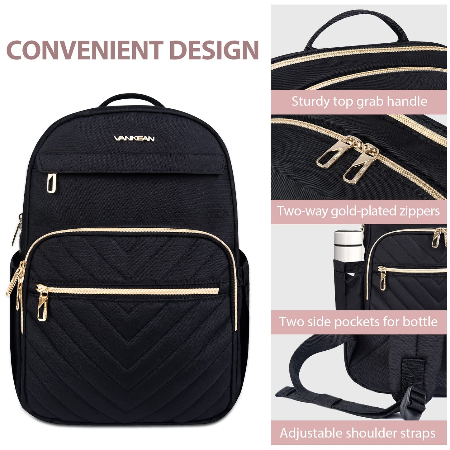 VANKEAN Laptop Backpack for Women Men Work Laptop Bag Fashion with USB Port, Daypacks for College, Business (Black, 15.6 Inch)