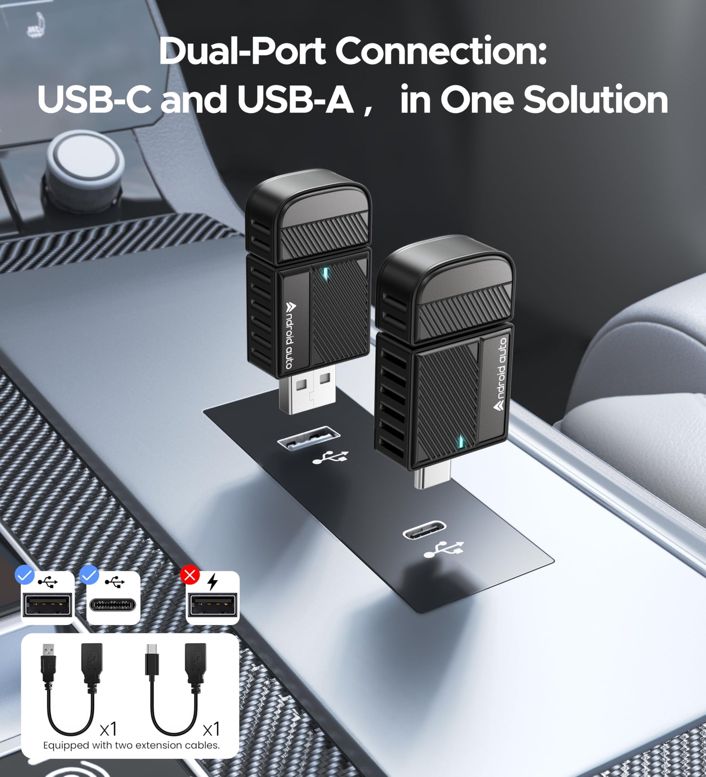 ByteWave Android Auto Wireless Adapter, 2025 NFC & Bluetooth5.3 Convert Wired to Wireless Android Auto Car Adapter, USB-C/A Mini Car Dongle Compatible for Android 12+ & 2016+ Cars, Plug & Play - Black