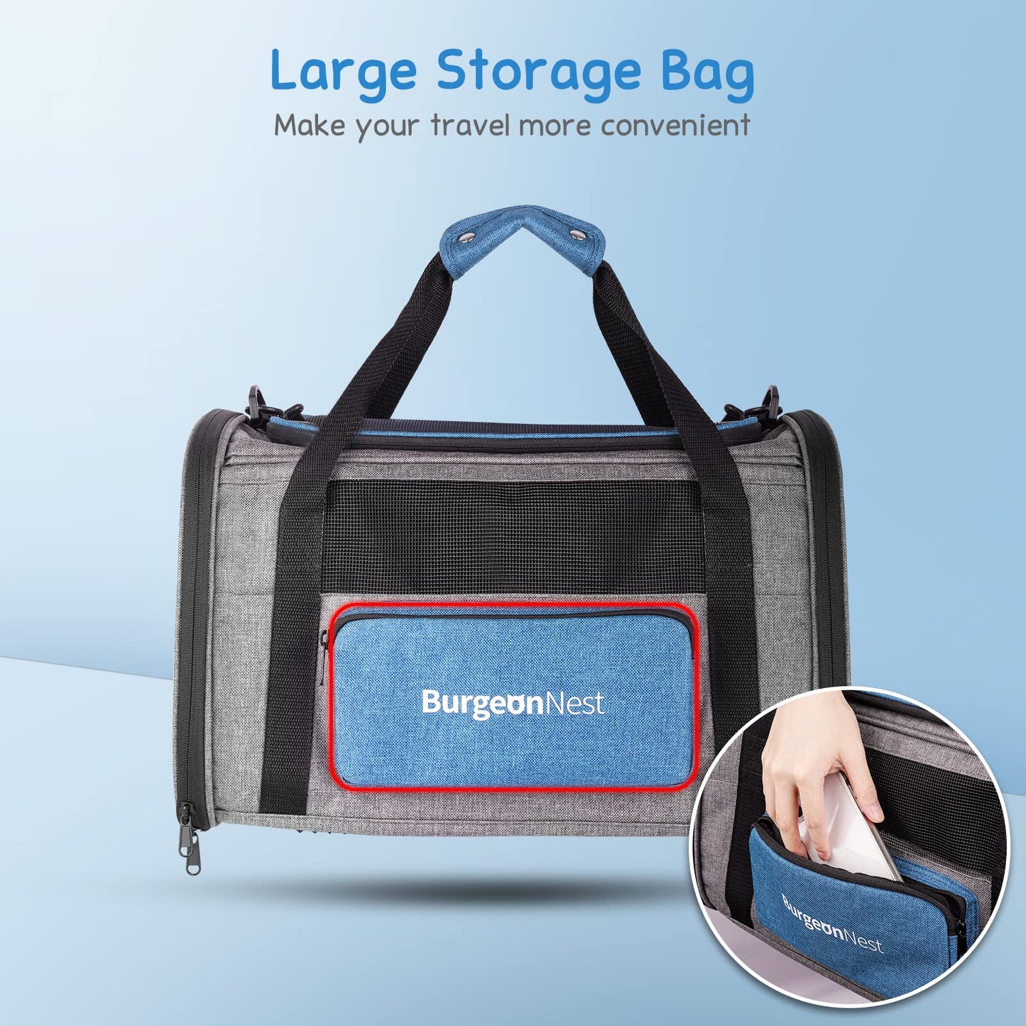 BurgeonNest Dog Carrier for Small Dogs Under 25 lbs, Large Cats 20 lbs, Soft-Sided Small Dog Carrier, Puppy Travel Bag with Big Storage Bag, 4 Ventilated Windows, 3 Doors