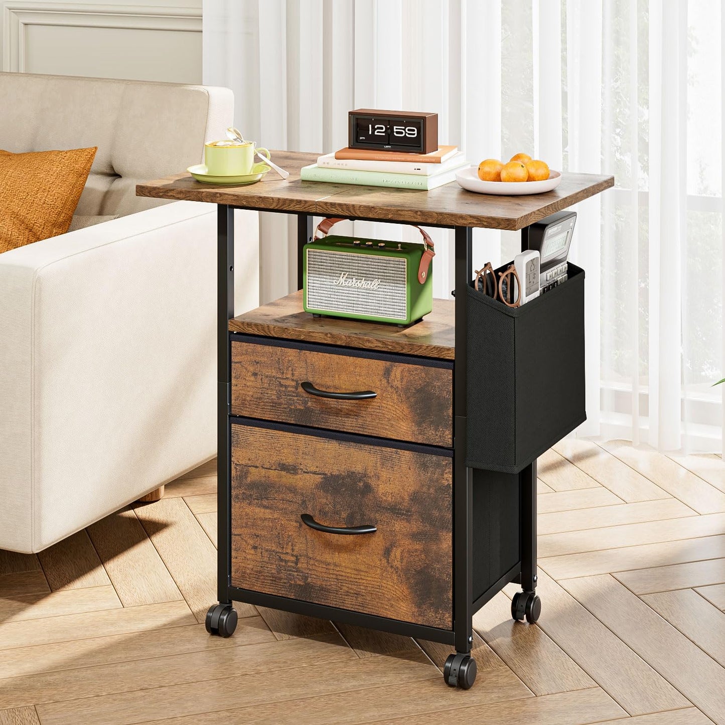 CAVSOIR File Cabinet with 2 Fabric Drawers, Mobile Filing Cabinet Printer Stand for Home Office, 3-Tier End Table Desk Night Stand Bedside Table for Bedroom (Rustic Brown)