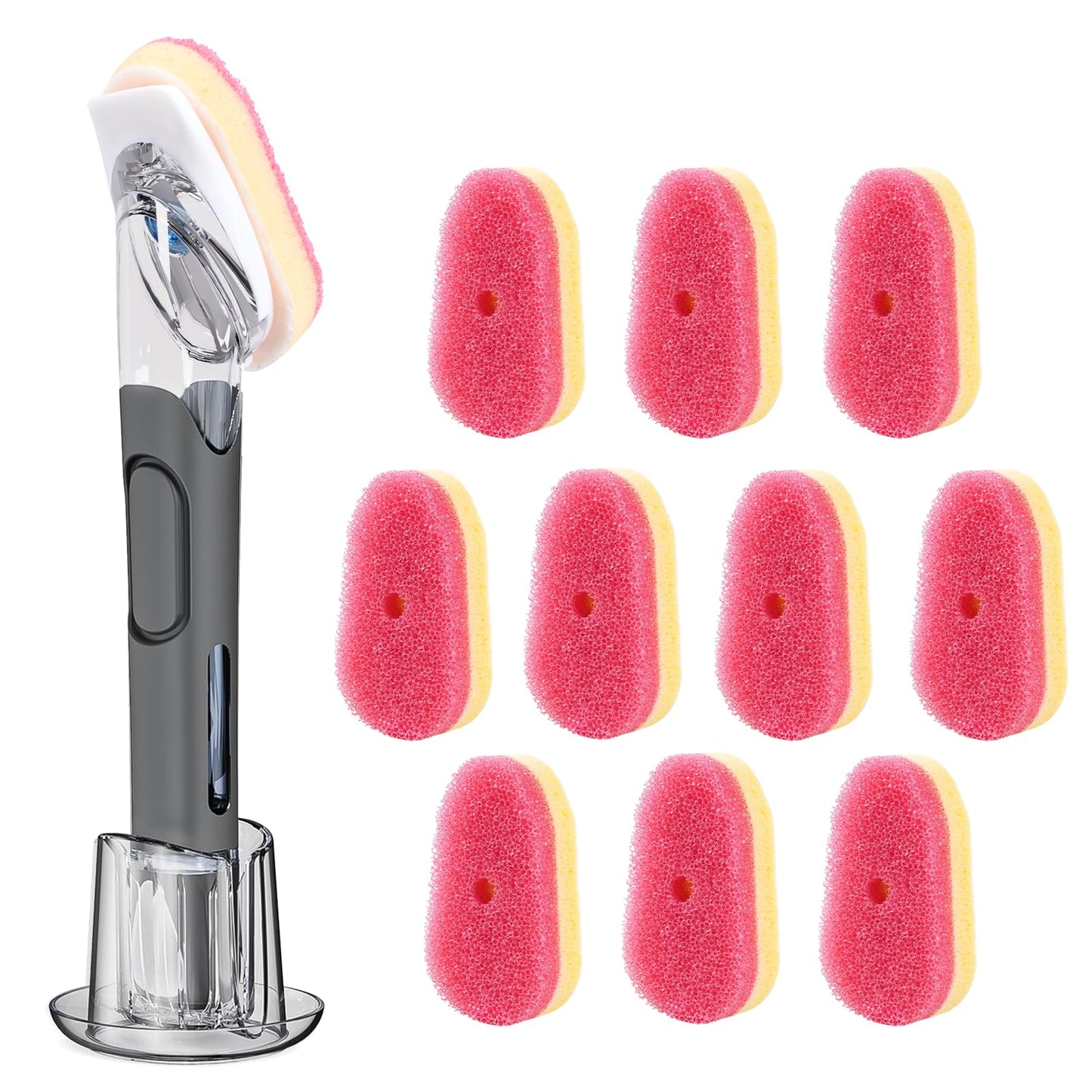 Soap Dispensing Dish Brush with 10 Pink Dish Wand Refill Heads & Holder