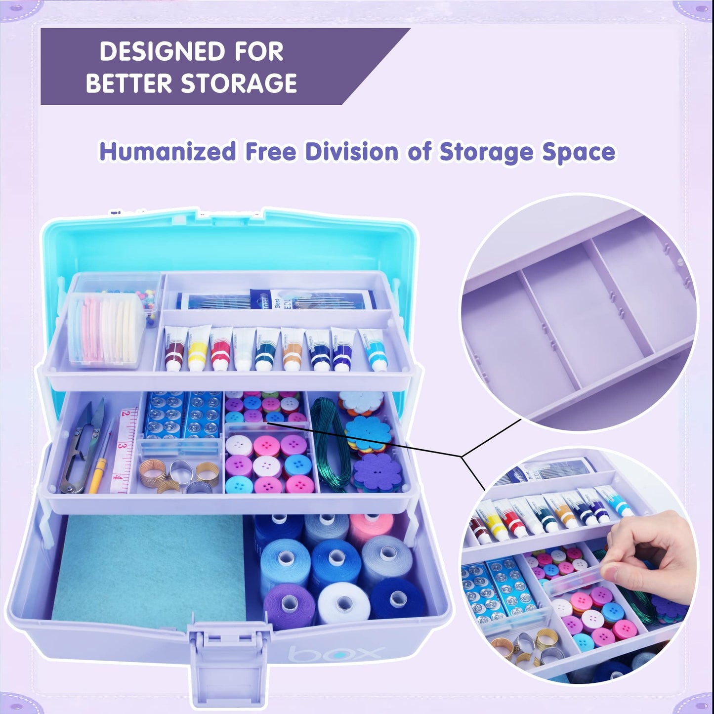 30cm Three-Layer Multipurpose Storage Box Organizer Folding Tool Box/Art & Crafts Case/Sewing Supplies Organizer/Medicine Box/Family First Aid Box with 2 Trays (Purple Blue)