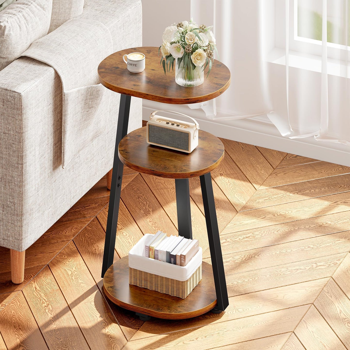 Kalrin Side Table, Small End Table with Metal Frame, 3-Tier Bedside Table, Round Side Table for Living Room Bedroom Couch Bathroom, Oval, Vintage Brown