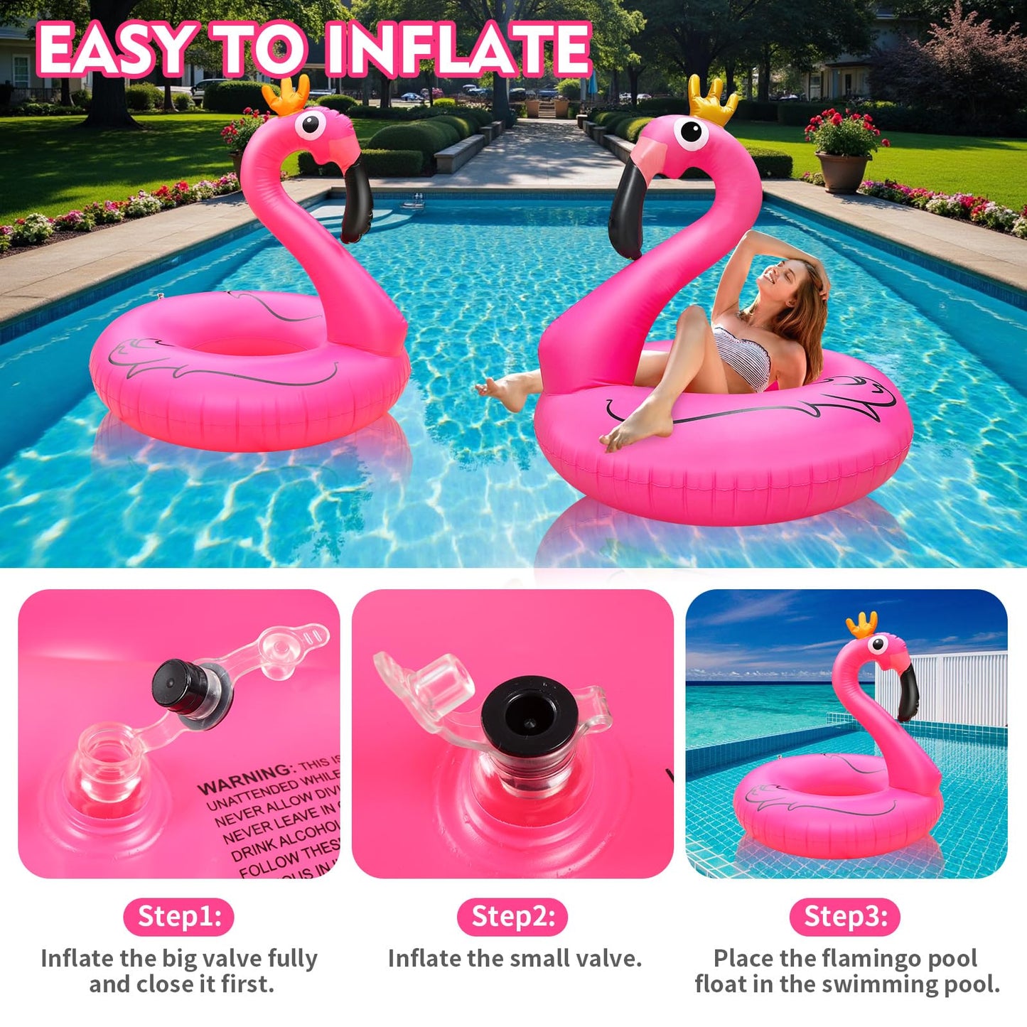 ZQJKLE Flamingo Inflatable Pool Floats, 42" Pink Flamingo Swim Tube Rings, Large Pool Beach Floats for Adults, Blow up Floaties Water Floaties Pool Raft Lounger Lake 2PCS