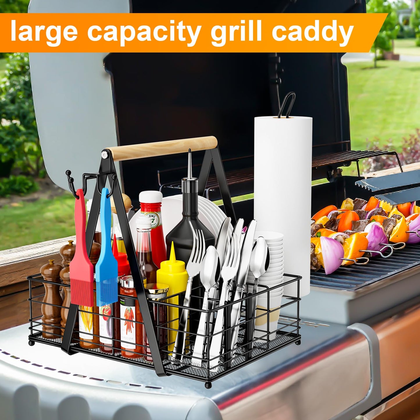 JBBTOOL Grill Caddy with Paper Towel Holder, BBQ Camping Caddy for Plates and Utensils, Picnic Condiment Storage Caddy, RV Patio Camper Must Haves, Outdoor Kitchen Barbecue Accessories