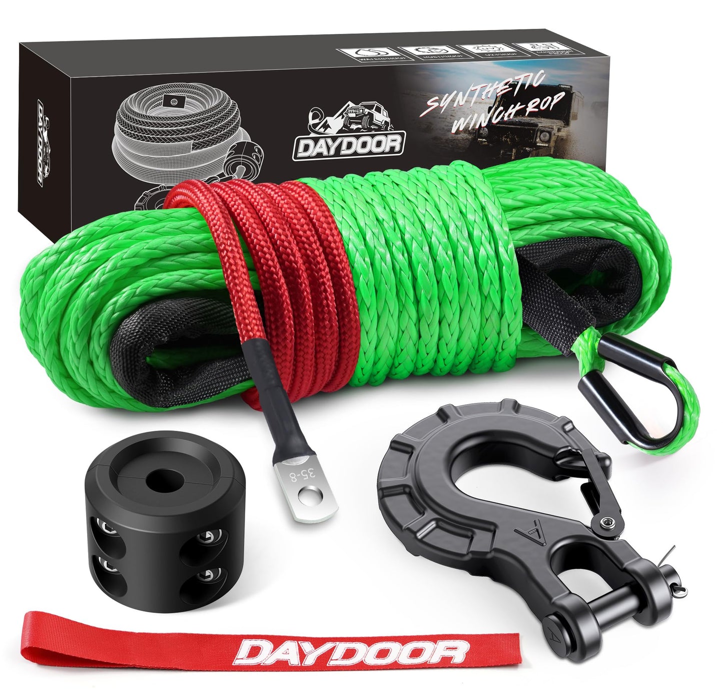 DAYDOOR Synthetic Winch Rope, 1/4 Inch x 50ft 10,000LBS Synthetic Winch Line, Synthetic Winch Cable for Offroad Vehicle 4WD ATV UTV, Synthetic Rope with Forged Winch Hook and Rubber Stopper (Green)