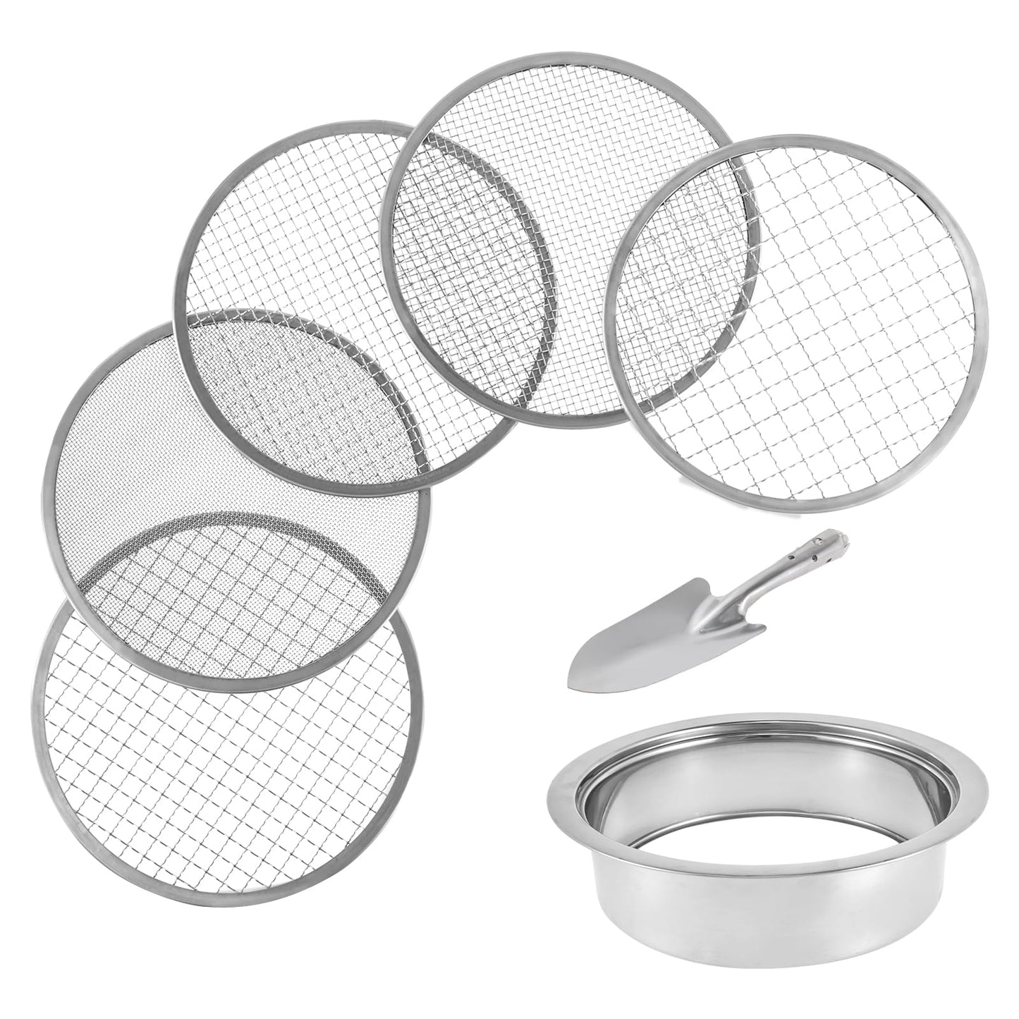 UKQRRTC Multi-Purpose Soil Sieve Tool Set, Stainless Steel Soil Sifter with Shovel and 5 Interchangeable Meshes, 1/3/6/9/12mm Suit for Gardening, Mealworm Sorting, Gold Panning, and Lab Testing