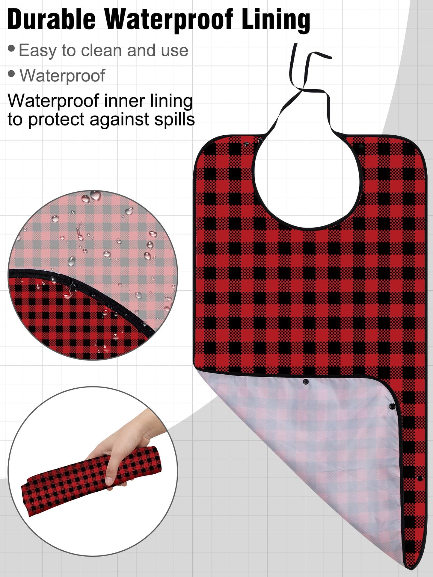 10 Pcs Adult Bib for Eating Washable Waterproof Clothing Protector with Crumb Catcher Reusable Large Bibs for Men Elderly Women Senior, Assorted Plaid Patterns
