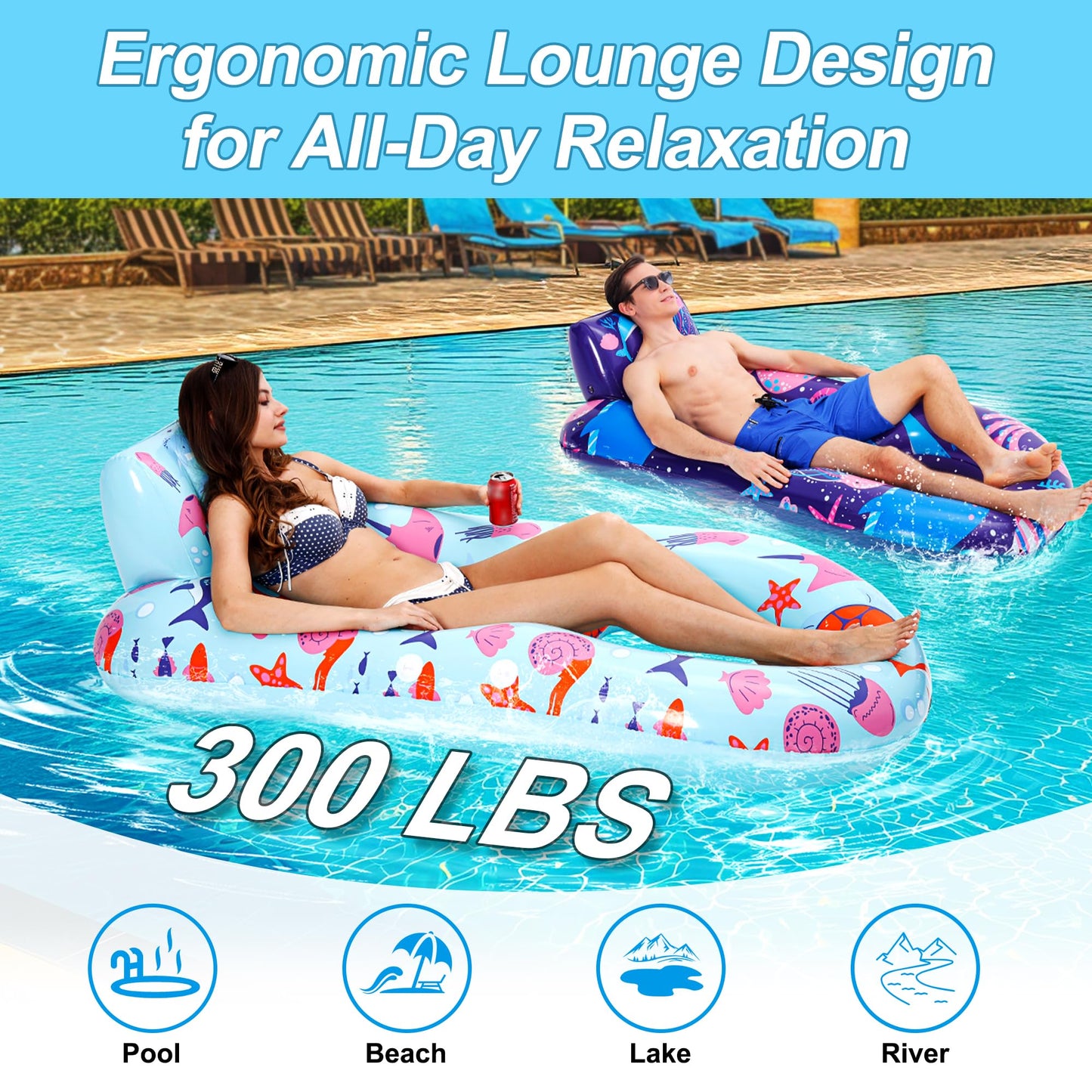 PuppyuWill 2 Pack Pool Floaties for Adults,Inflatable Pool Lounger Float Heavy Duty with Cup Holder, Backrest & Footrest Pool Lounge Float Extra Large Pool Rafts for Adults Beach Lake Party