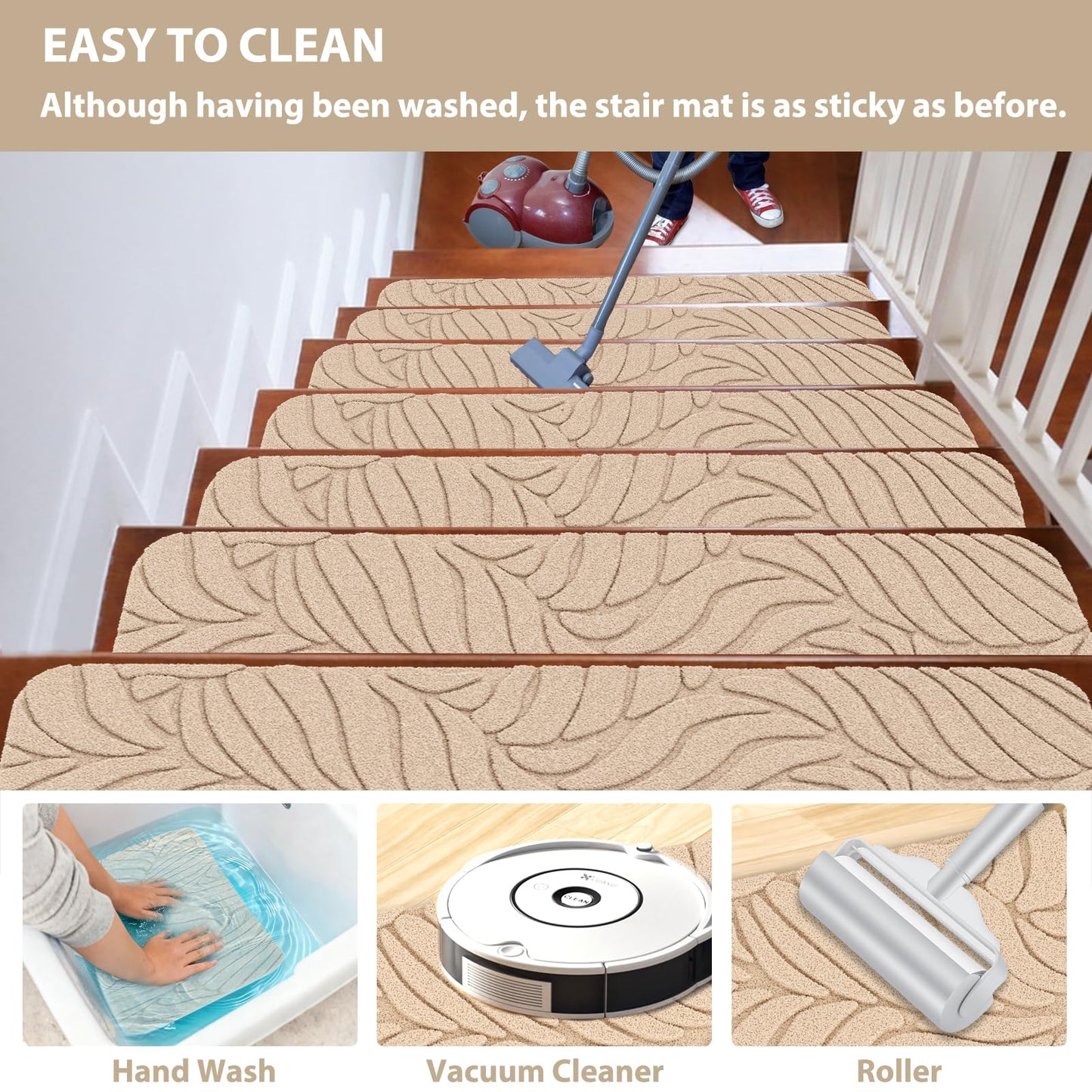 Fixmend Stair Treads Non Slip for Wooden Steps, 8" X 30" (15-Pack) Stair Runner Carpet Treads Indoor with Reusable Adhesive, Stairslide Carpets Rugs Safety Mats for Elders, Kids & Dogs, Beige Leaf
