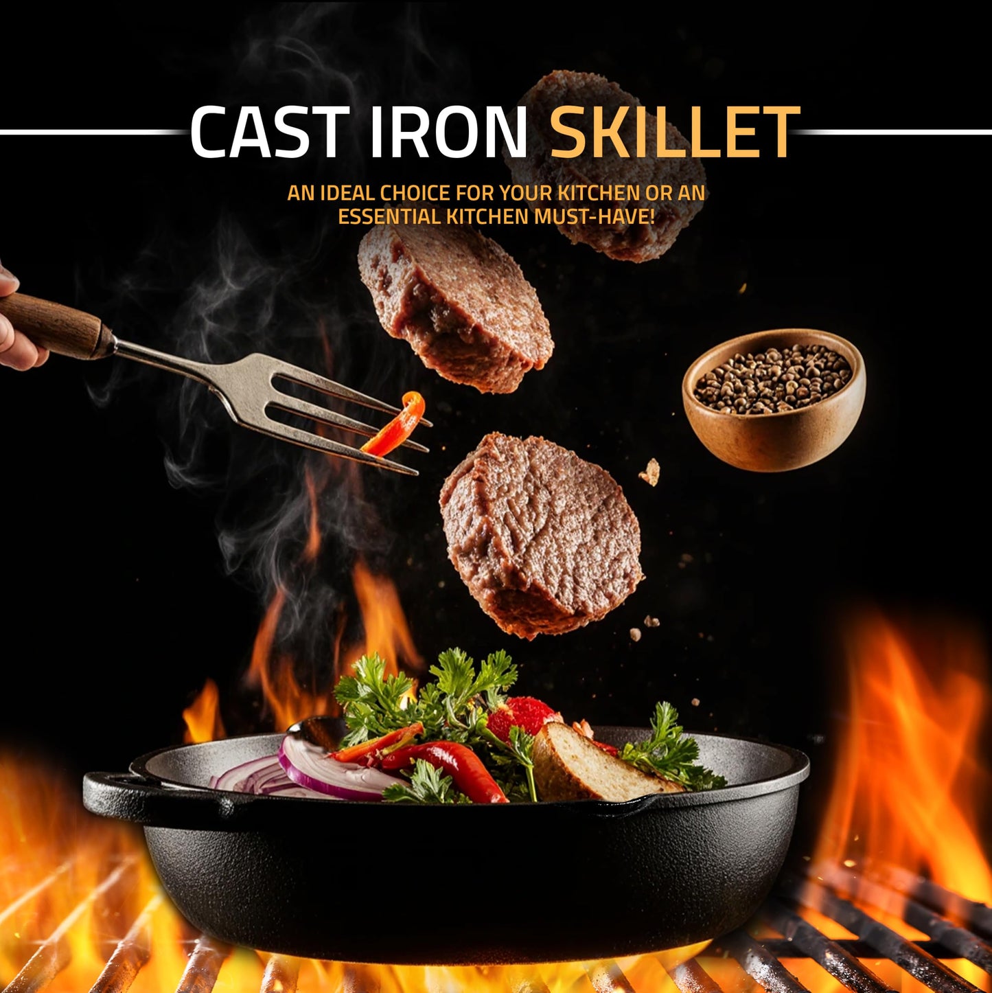 KICHLY Pre-Seasoned Cast Iron Skillet 12 Inch, Safe Grill Cookware for Indoor & Outdoor Use, Chef’s Pan, Cast Iron Pan, Black