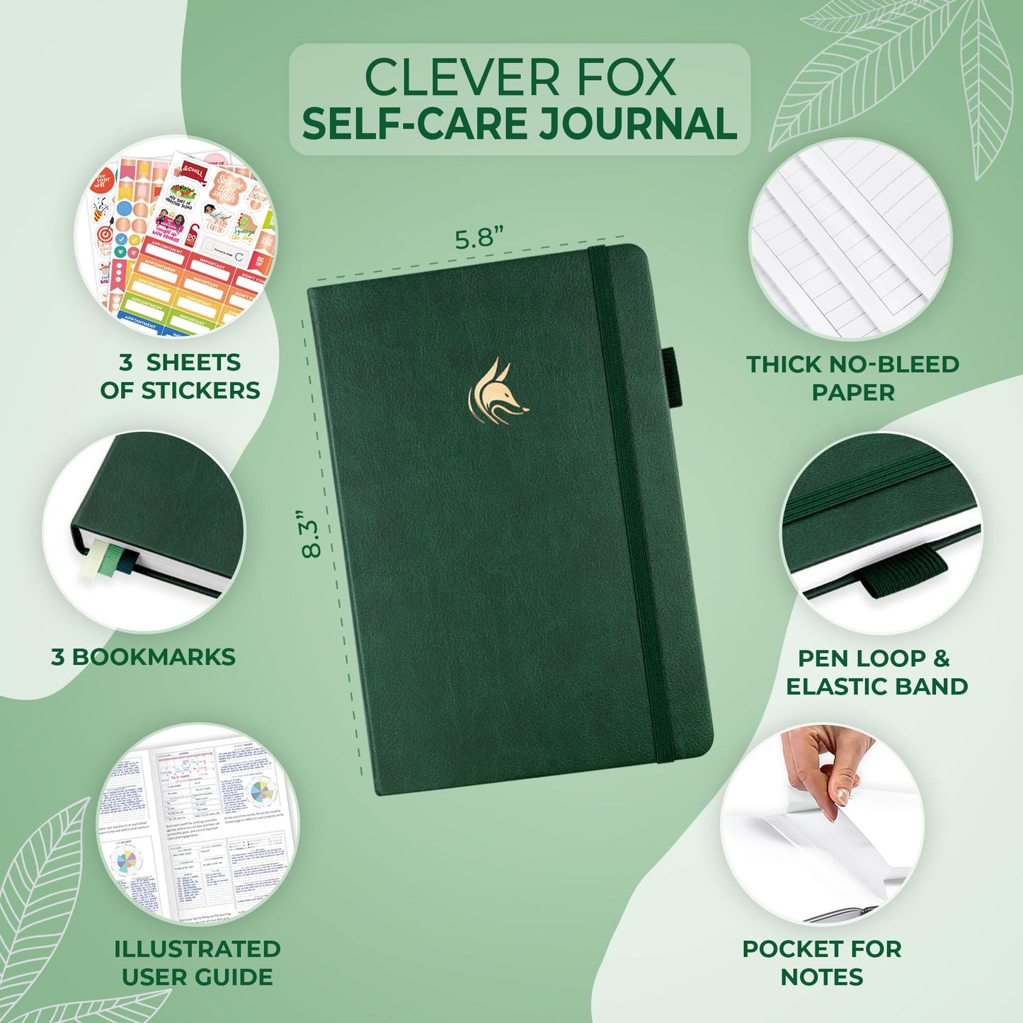 Clever Fox Self-Care Journal – Daily Reflection Notebook – Mental Health & Personal Development Planner, Meditation & Mood Log, A5 (Forest Green)