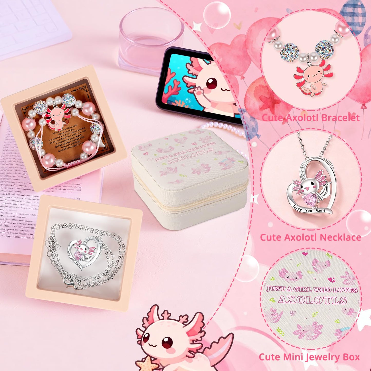 Axolotl Gift Set for Girls，Cute Axolotl Themed Gift Box with Fluffy Diary with lock and keys, Stickers, Pen and More Axolotl Accessories, Christmas Birthday Gifts for Girls