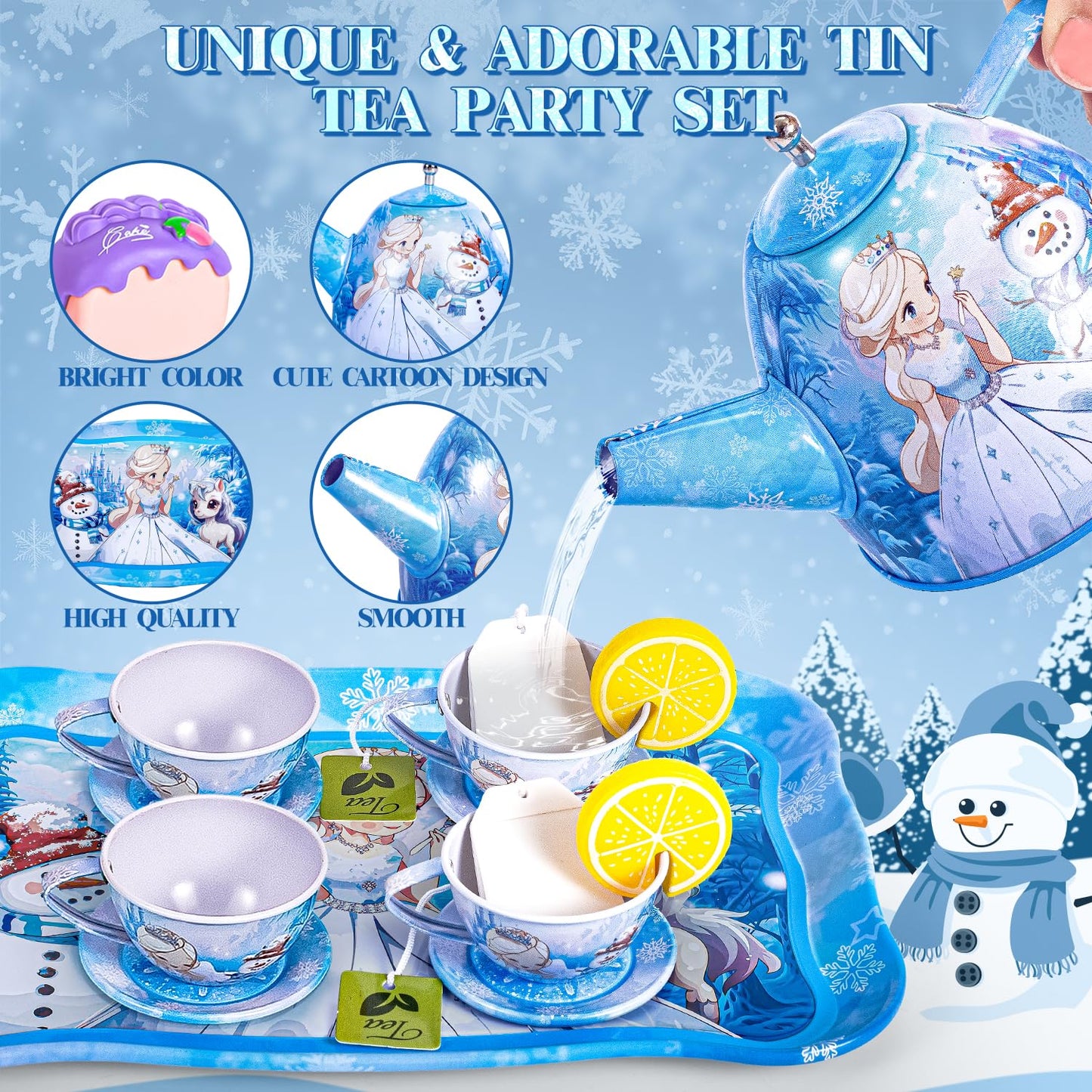 Frozen Tea Party Set for Little Girls, Elsa Princess Toy Gift, Kids Pretend Play Tin Tea Set with Teapot, Tea Cups, Food Playset & Carrying Case, Birthday for Girls Age 3+