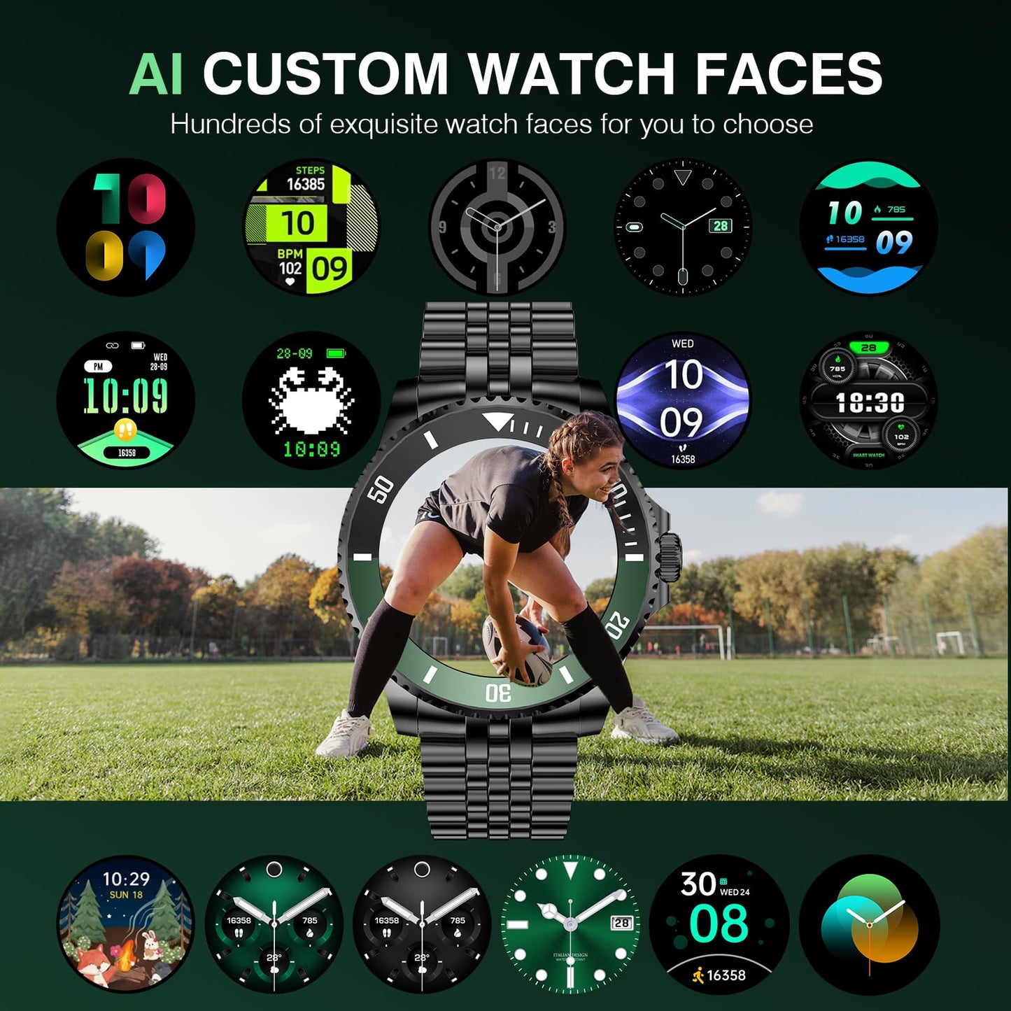 2025 DA GPT Smart Watch with Bluetooth Call, Heart Rate, Stress, Blood Oxygen, Sleep Monitor, 107 Sports Modes, Waterproof Round Watch, 1.19-inch AMOLED Display, Compatible Android and iOS Black Green
