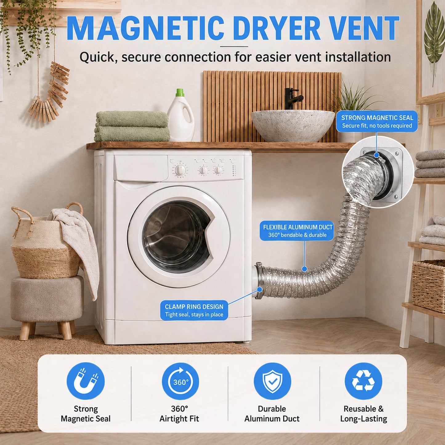 DVC-180 Magnetic Dryer Vent Coupling Connector Kit, Airtight Quick-Connect Dryer Vent Connector for 4" Dryers, Includes 3.28 ft 4" Duct and 2 Clamps for Easy Cleaning
