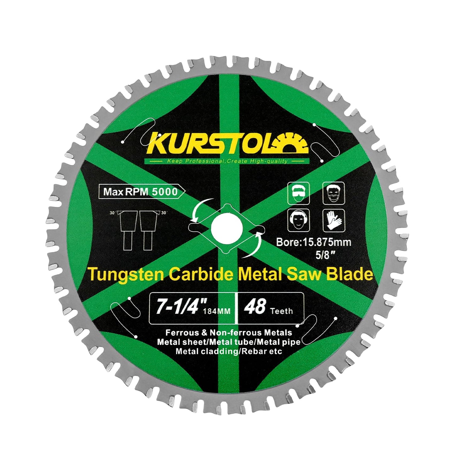 KURSTOL Metal Circular Saw Blade - 7-1/4" TCT Cutting Blade 48T Tungsten Carbide Tipped Blade Arbor 15.87mm for Steel, Iron, Nickel, Titanium, Ferrous Metals, Steel Pipe