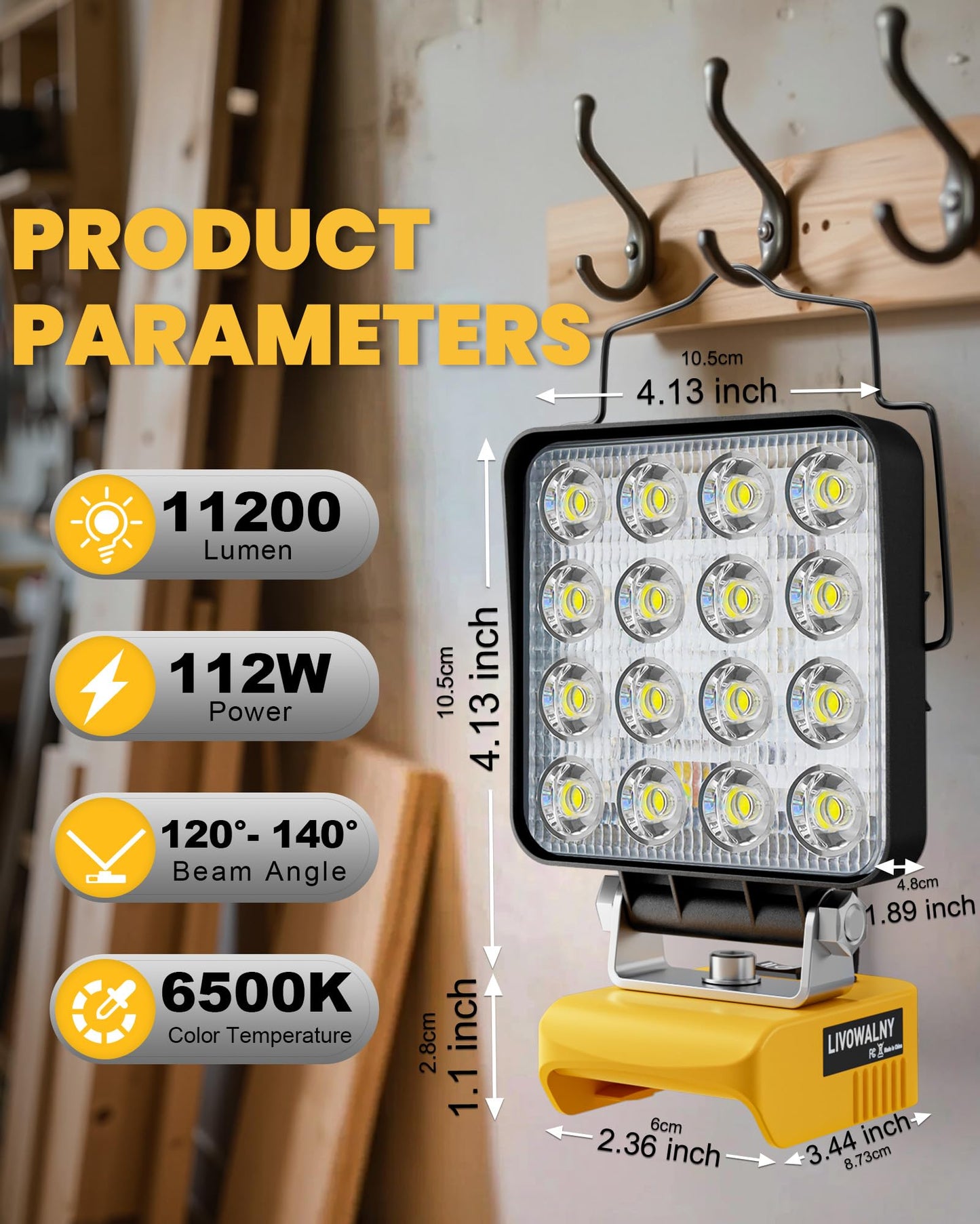 LIVOWALNY Cordless LED Work Light Compatible with Dewalt 20v Battery, 112W 11200LM Flashlight, Portable LED Flood Battery Light with USB A & USB C Charging Output Port for Emergency