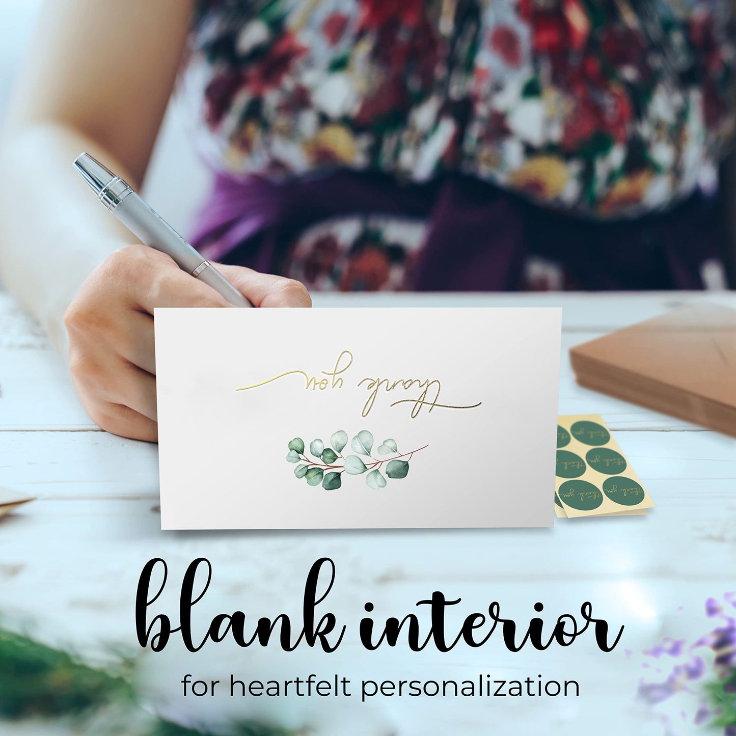 100 Heavyweight Blank Thank You Cards with Envelopes for a Personal Touch, Eucalyptus Thank You Card for Any Occasion, Wedding, Bulk Pack Card with Envelopes & Stickers (3.7 x 5.1 Inches) (100 Pack)