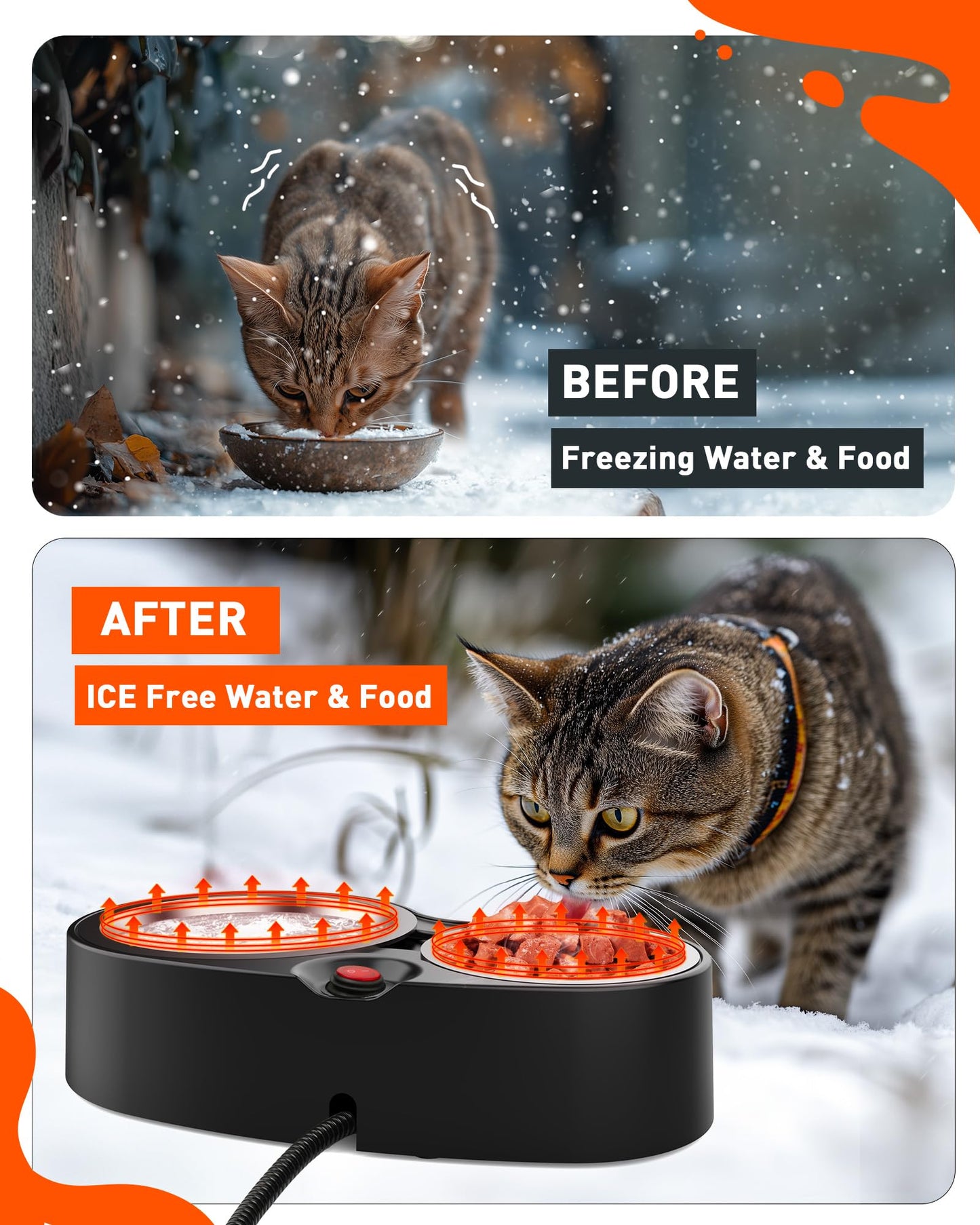 SwSun Heated Cat Bowl for Food & Water, Double Heating Cat Bowls Outdoor Heated Pet Bowl with 2 Stainless Steel Cat Bowls Heated Water Bowl for Feral Cat Feeding Station in Winter