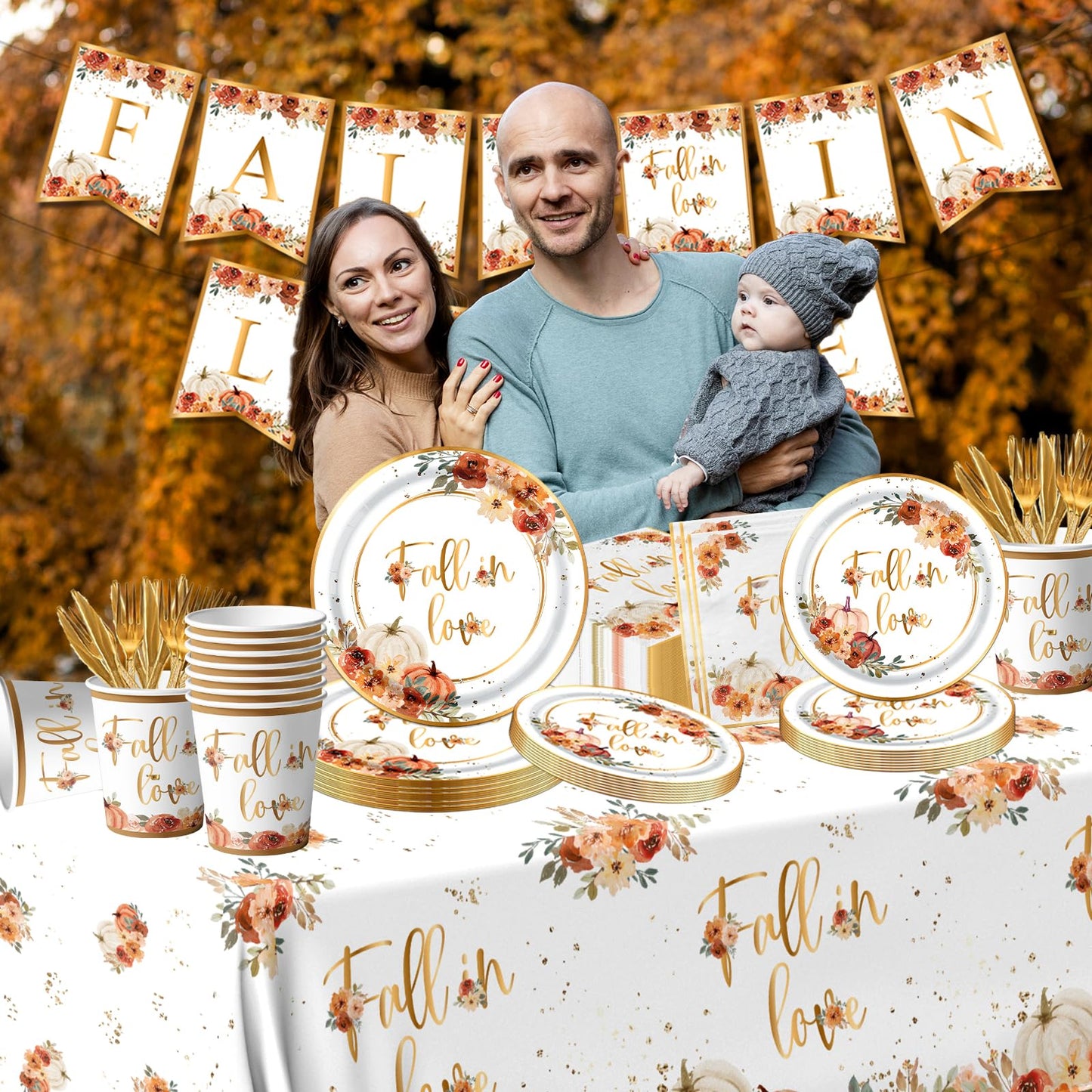 Fall in Love Decoration,142pcs Autumn Fall Tableware Fall Plates Napkins Banner Fall Tablecloth for Thanksgiving Supplies