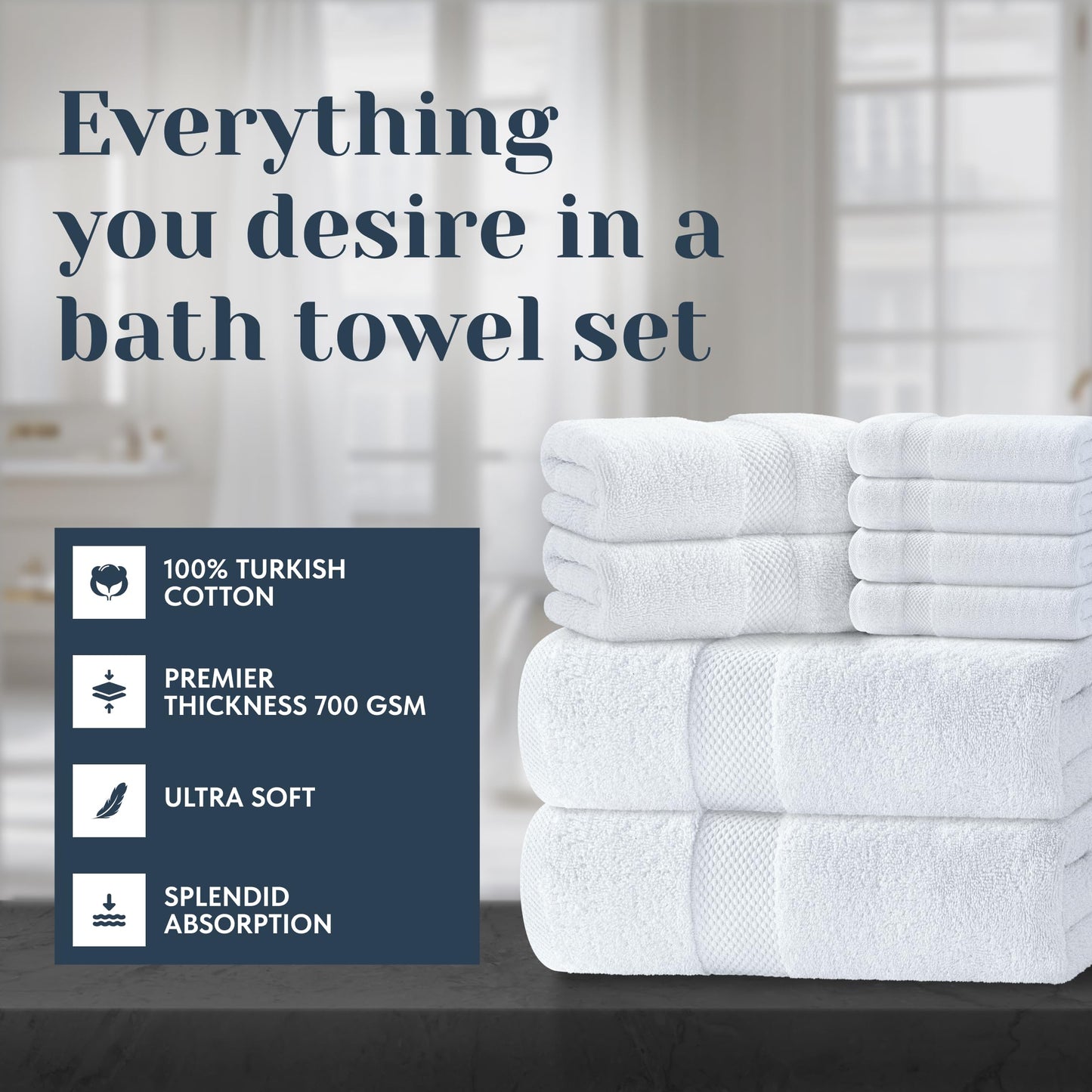 Luxury White Bath Towel Set of 8 Pieces - 100% Turkish Cotton Highly Absorbent Towels for Bathroom, 2 Luxury Bath Towels 700GSM, 2 Hand Towels, 4 Washcloths