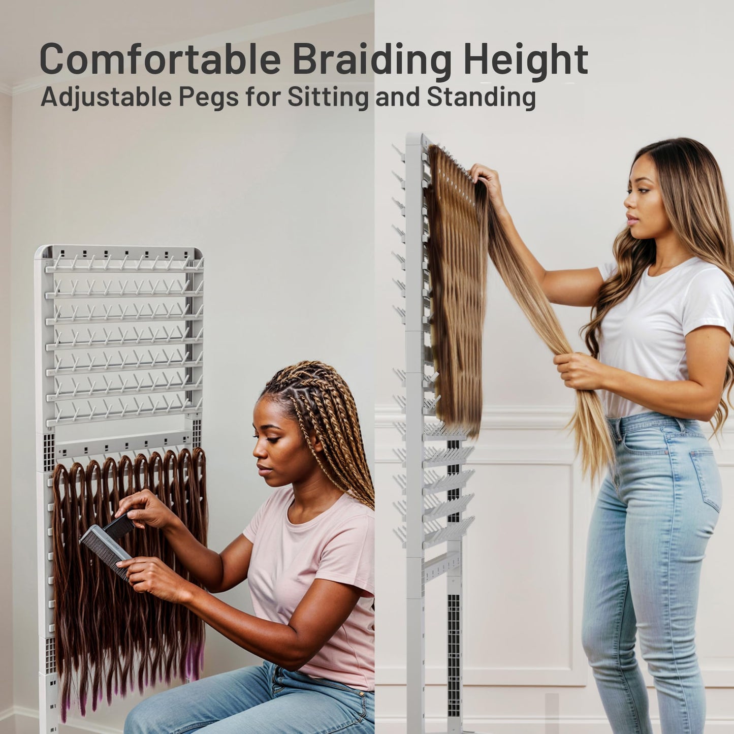 Yumkfoi 2-sided 280 Pegs Braiding Rack, Adjustable Hair Racks with Tray and 17 Braiding Tools, Braid Rack for Braiders, Hair Separator with Wheels (Grey)