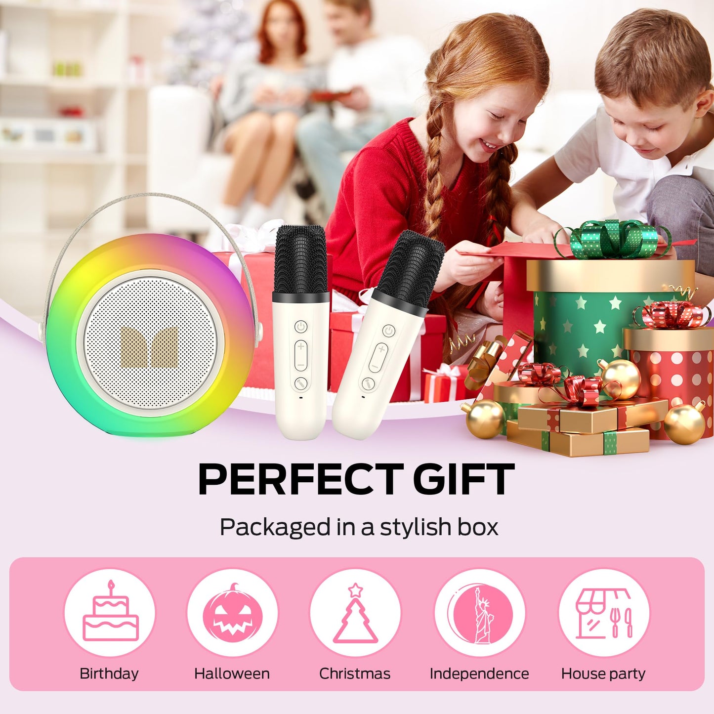 Monster Karaoke Machine for Kids Adults, Portable Bluetooth Speakers with 2 Wireless Microphones and Lights, Christmas Birthday Gifts Toys for Boys Girls 4, 5, 6, 7, 8, 9, 10, 12+ Toddler