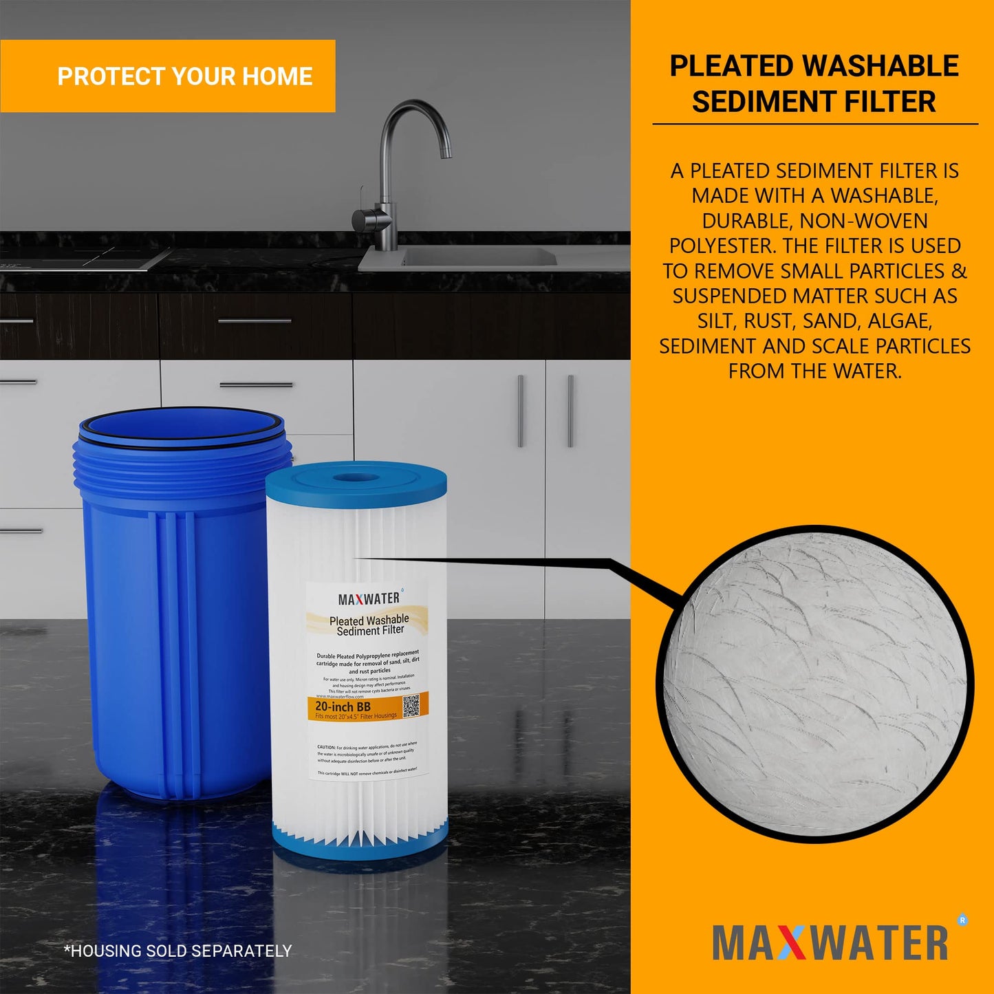 Max Water 10 Micron 10 x 4.5 Pleated Sediment Water Filter, Washable Replacement Cartridge for 10" BB Whole House Systems Compatible with R50-BBSA, FXHSC, WFHDC3001, W50PEHD, GXWH40L (4 Pack)