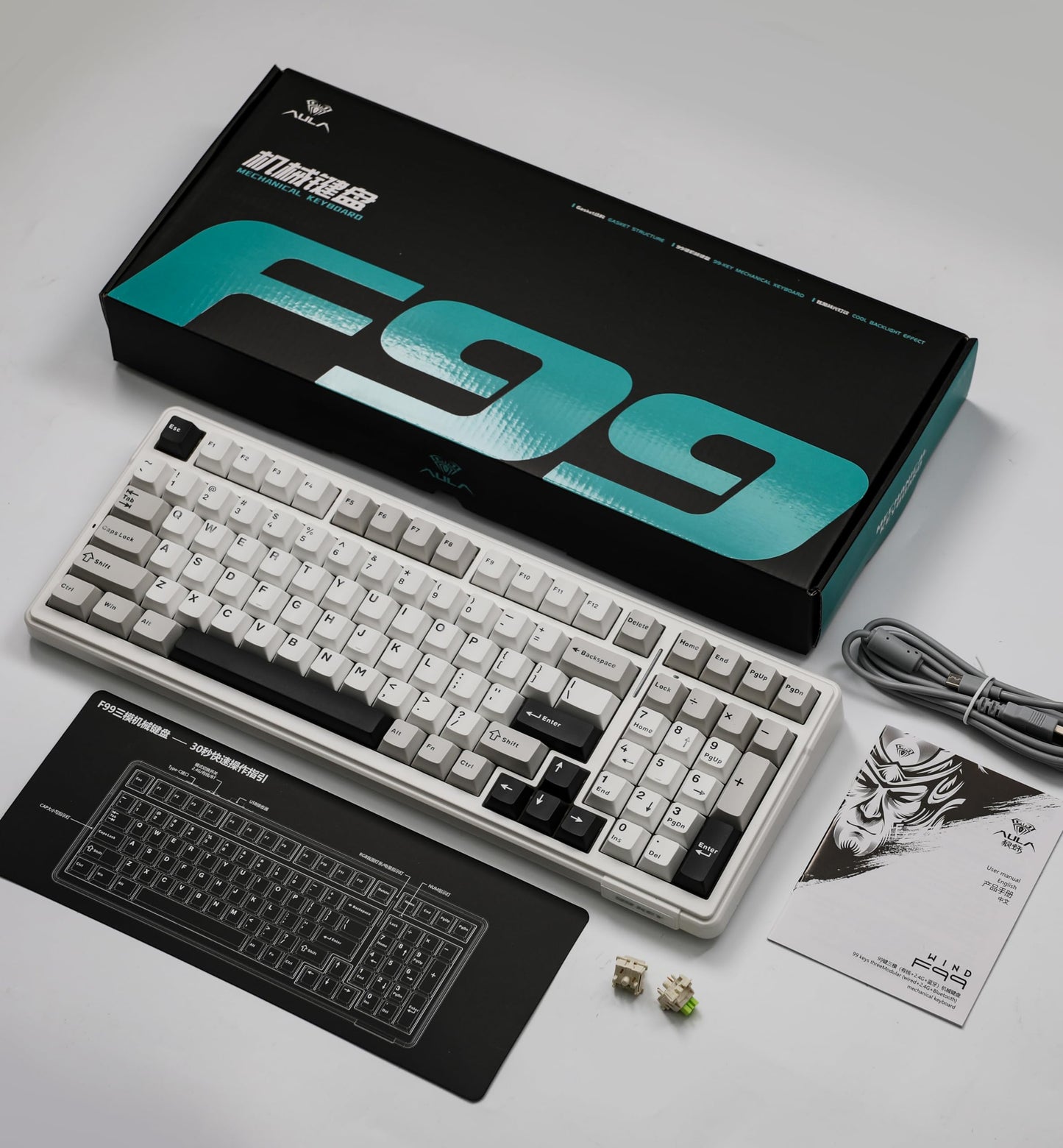 EPOMAKER x Aula F99 Wireless Mechanical Keyboard, Hot Swappable Gasket Custom Gaming Keyboard with Five-Layer Padding, Bluetooth/2.4GHz/USB-C, 8000mAh Battery (White Grey, Graywood V3 Switch)