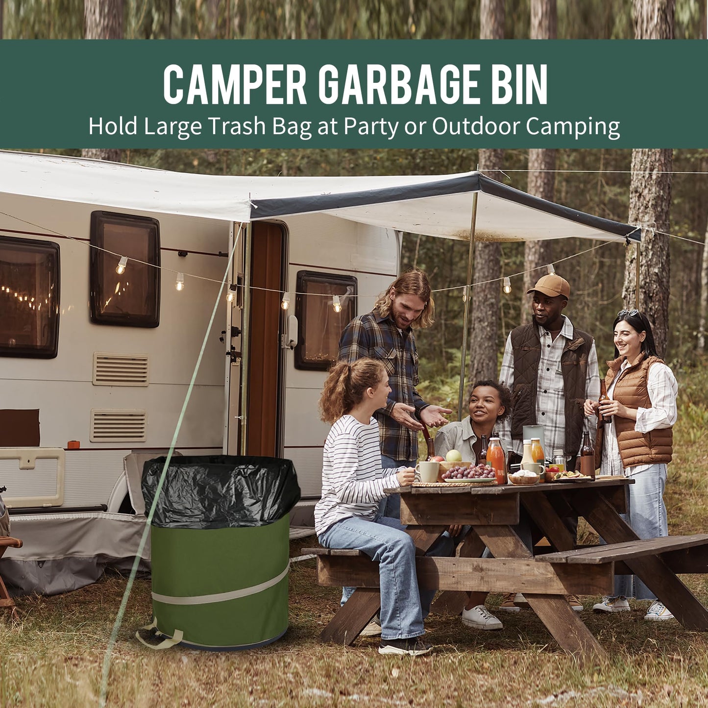 Rachmi 47 Gallon Collapsible Pop Up Trash Can with Hard Bottom 2-Pack | Reusable Outdoor Garden Waste Bag Yard Leaf Basket Recycle Bin for Party Camping | Large Toys Balls Storage Container, Green