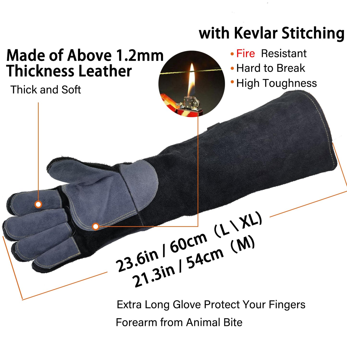 WZQH 23.6 Inches Leather Animal Handing Gloves. Multipurpose Pet Glove for Grabbing Reptile, Grooming, Trips to Vet. Puncture & Scratch Resistant, Bite Proof for Cat Dog Bird Falcon Livestock Snake