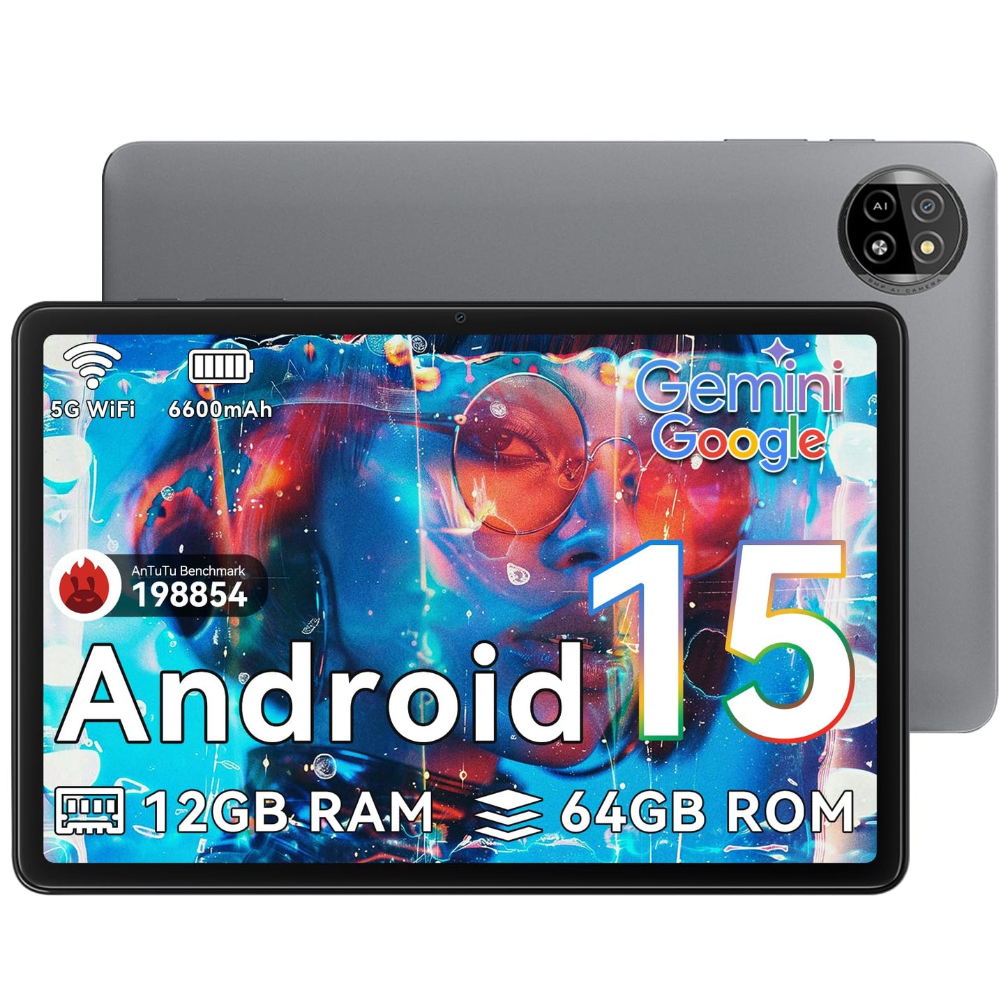 Blackview AI Tablet, Tablet 10 inch Android 15 4GB RAM 64GB ROM 1TB Expandable, Quad-Core, Widevine L1, 1280x800 IPS Touchscreen, 5G WiFi, BT 5.0, Dual Camera, 6600mAh (Gray)