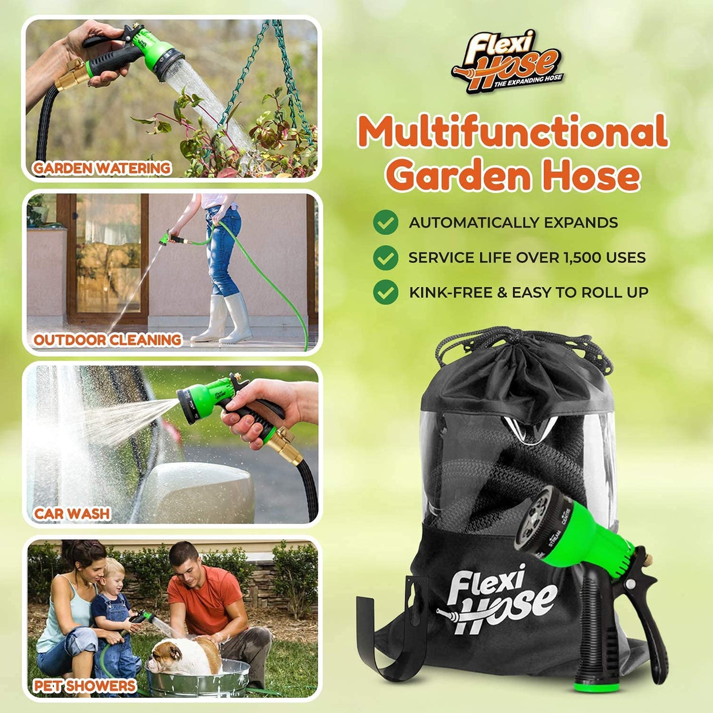 Flexi Hose Plus with 8 Function Nozzle Expandable Garden Hose, Lightweight & No-Kink Flexible Garden Hose, 3/4 inch Solid Brass Fittings and Double Latex Core, 50 ft Black