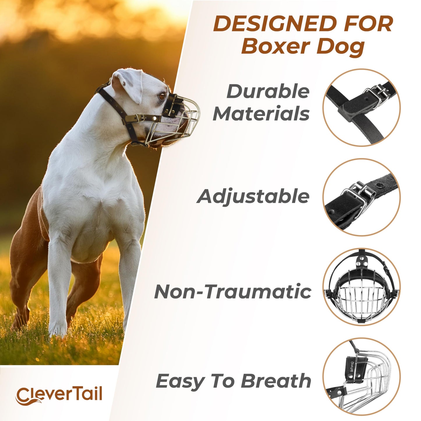 CleverTail Metal Muzzle for Boxer Dog Breed – Bite Proof Boxer Muzzle for Medium and Large Sized Dogs – Steel Wire Basket Muzzles for Dogs English Bulldog, American Bulldog etc.