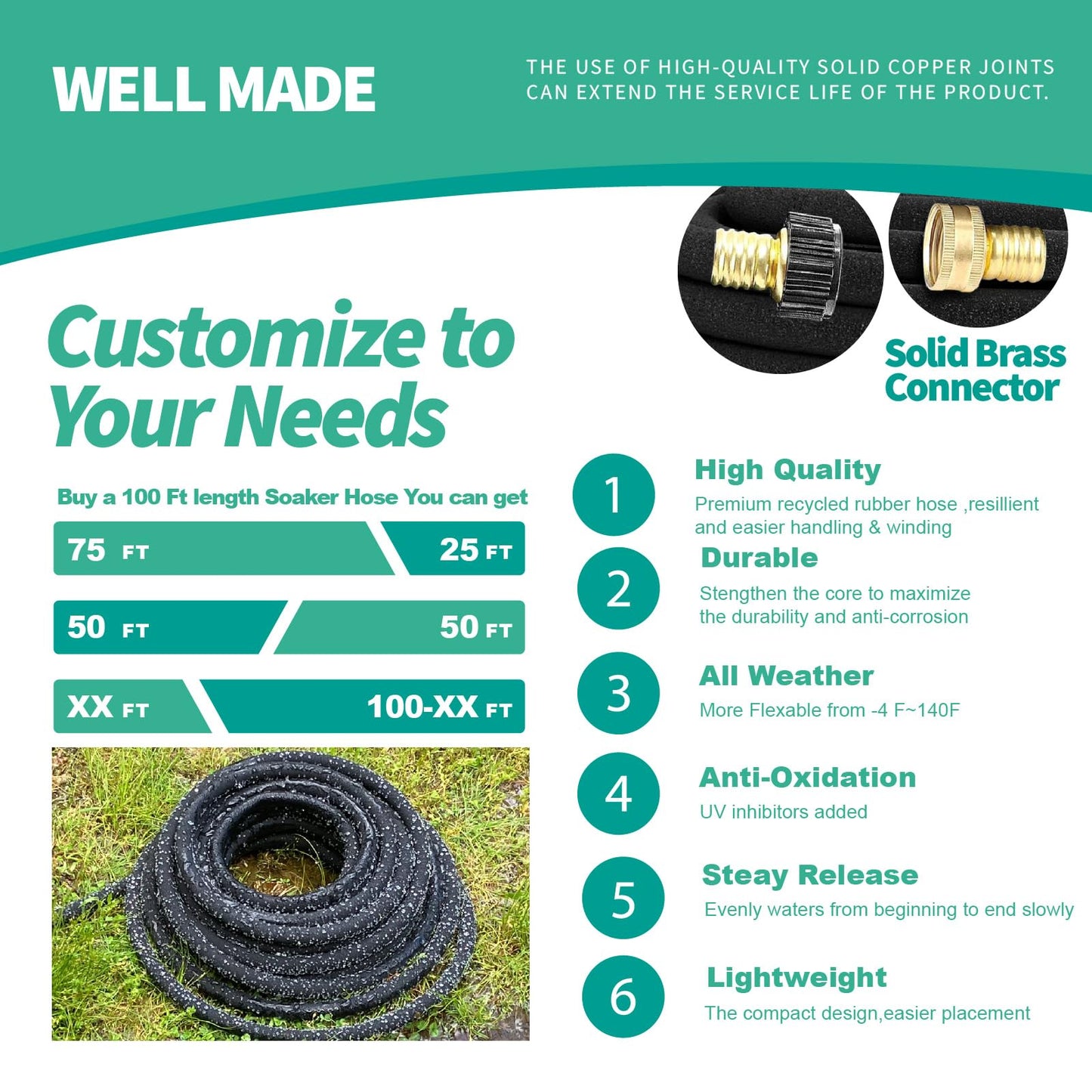 XDRSIXA Soaker Hose 100 FT For Garden Beds,Solid Brass Connector 1/2" Round Heavy Duty Garden Soaker Hose Kit Watering Hose With Holes For Vegetable/Fruit Beds, Shrubs, Lawn,Yard