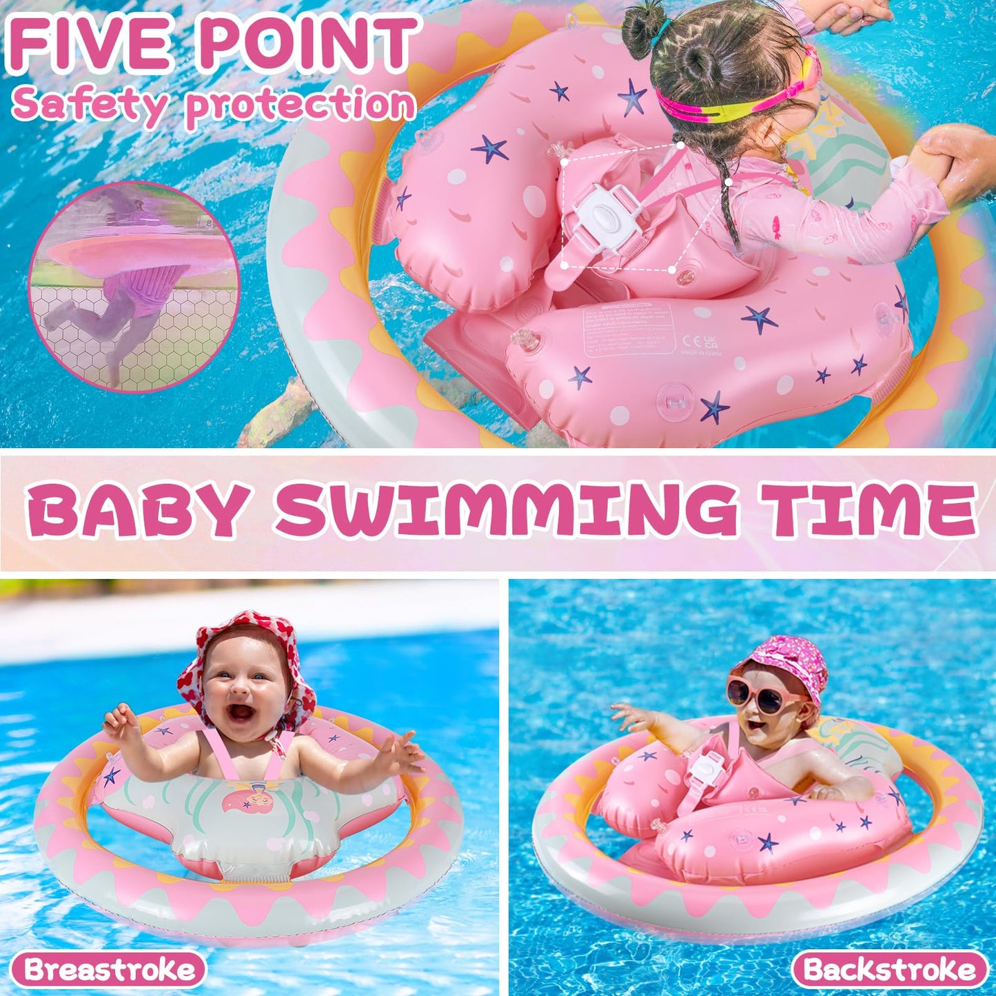 Refasy Baby Swimming Float for 6-36 Months, Inflatable Baby Pool Float with Dual Airbags & UPF50+ Sun Canopy, Adjustable Safety Seat Baby Swimming Ring for 6 9 12 18 24 36 Months Toddlers Gilrs