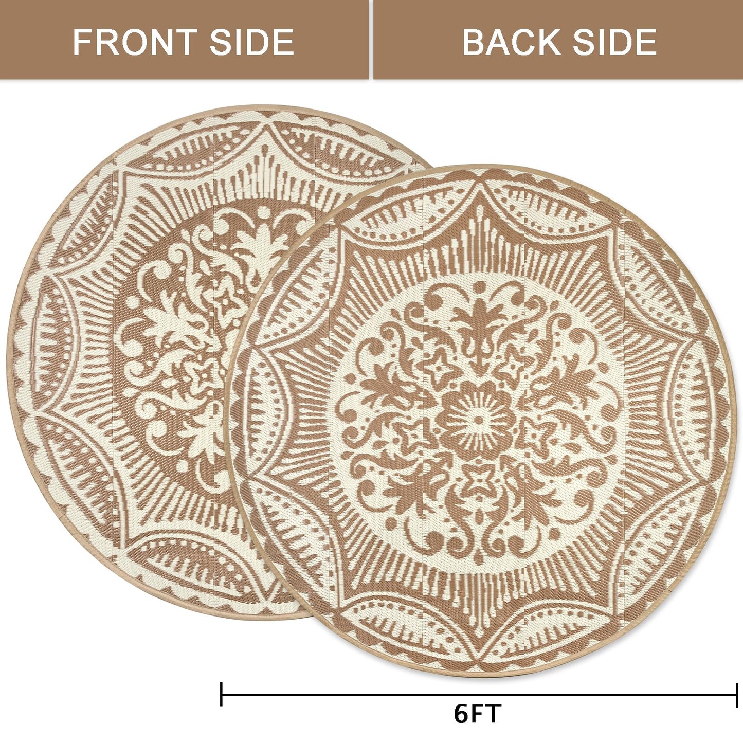 Capslpad 6'x6' Outdoor Rug for Patio Clearance Reversible Mats Round Portable Plastic Straw Carpet Waterproof Boho Indoor Outside Area Rugs for RV Camping Picnic Pool Tent Balcony Beach, Brown&Beige